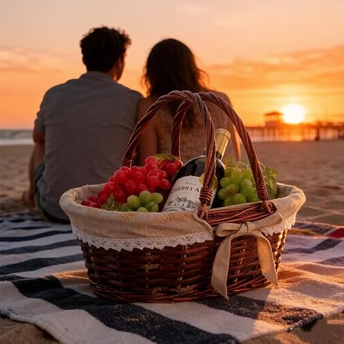 Miniatura 8 de Dicunoy Cesta de mimbre con asa, cestas de picnic con forro, cestas vacías de jardinería de regalo para cosecha, cesta organizadora de sauce para