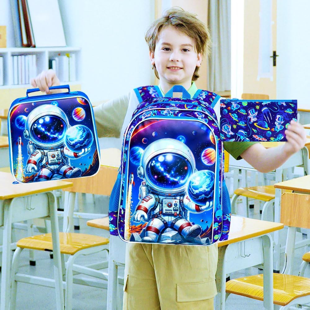 3Pcs Space Backpack for Boys, 16" Astronauts Bookbag with Lunch Box, Kids School Backpacks Set for Elementary Preschool Kindergarten (Blue)