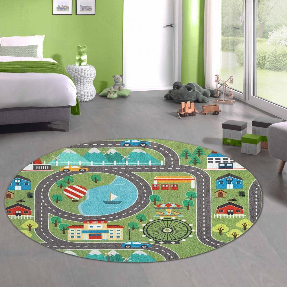CARPETIA Kinderteppich Rund Stadtlandschaft Straßen Grün Ø 200 cm | Rutschfest, strapazierfähig, hautsympathisch und schadstofffrei, OEKO-TEX geprüft, für Fußbodenheizung & Kinderzimmer