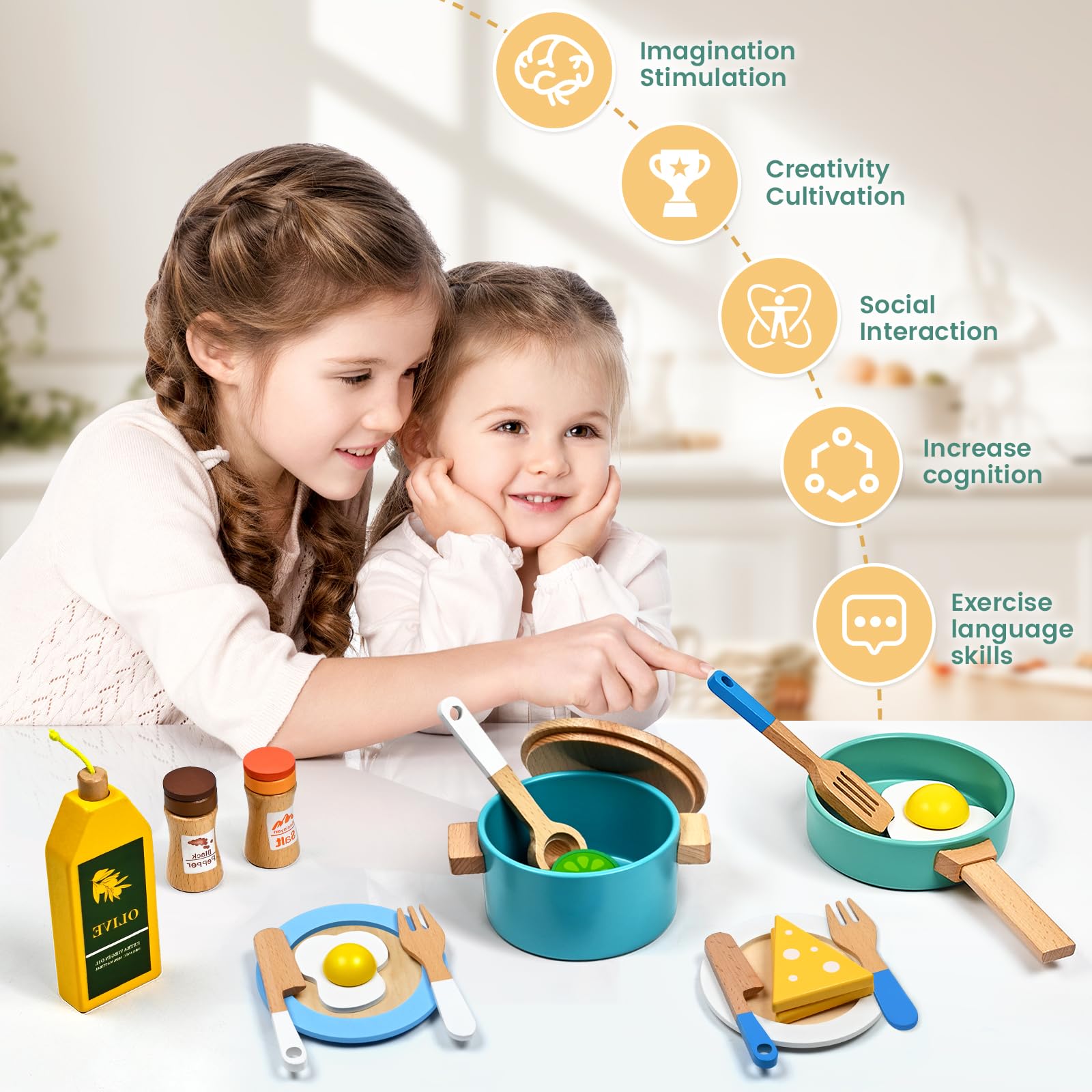 35 piezas de accesorios de cocina de madera, juguetes de cocina de juego de simulación para niños pequeños, juego de cocina de madera, juego de cocina, ollas y sartenes, regalos para niñas y niños de 5