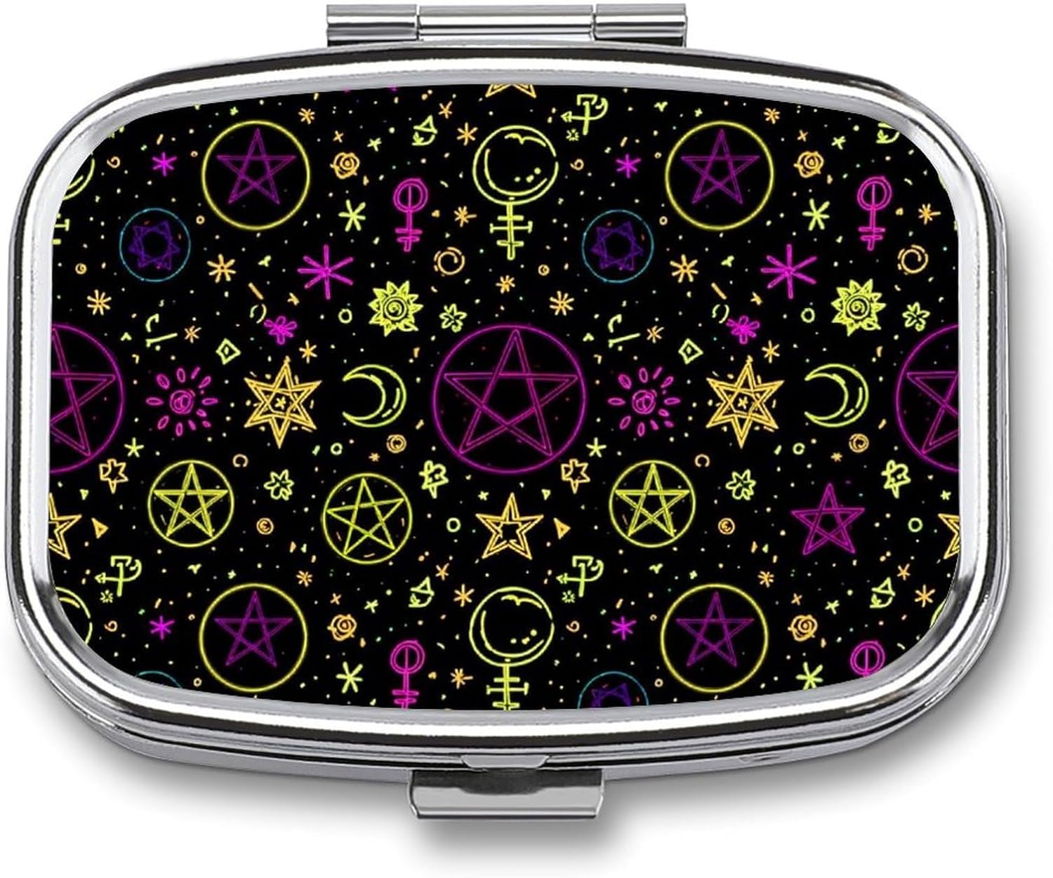 Decorative Metal Pill Case Goth Trippy Sun Moon Star Art Witchcraft, 2 Compartment Pill Box with Mirror for Purse Travel Unique Gift