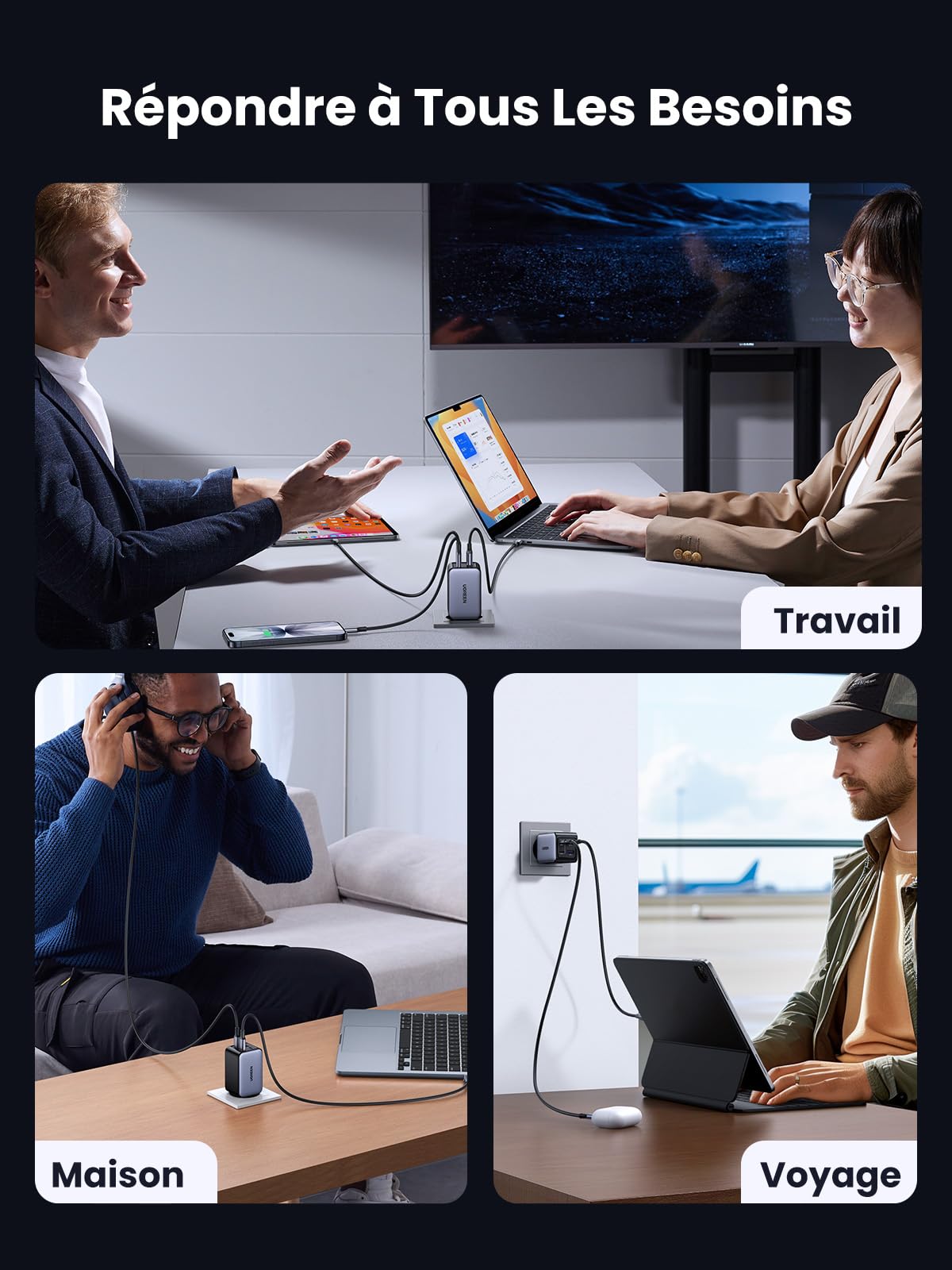 UGREEN Nexode 65W 4 Ports Chargeur USB C Rapide GaNInfinity Prise Secteur USB C Compatible avec iPhone 17 Pro Max Air 16 15 14 13 12 Galaxy S26 S25 S24 S23 A15 Pixel 10 9 8 iPad MacBook Neo Air Pro
