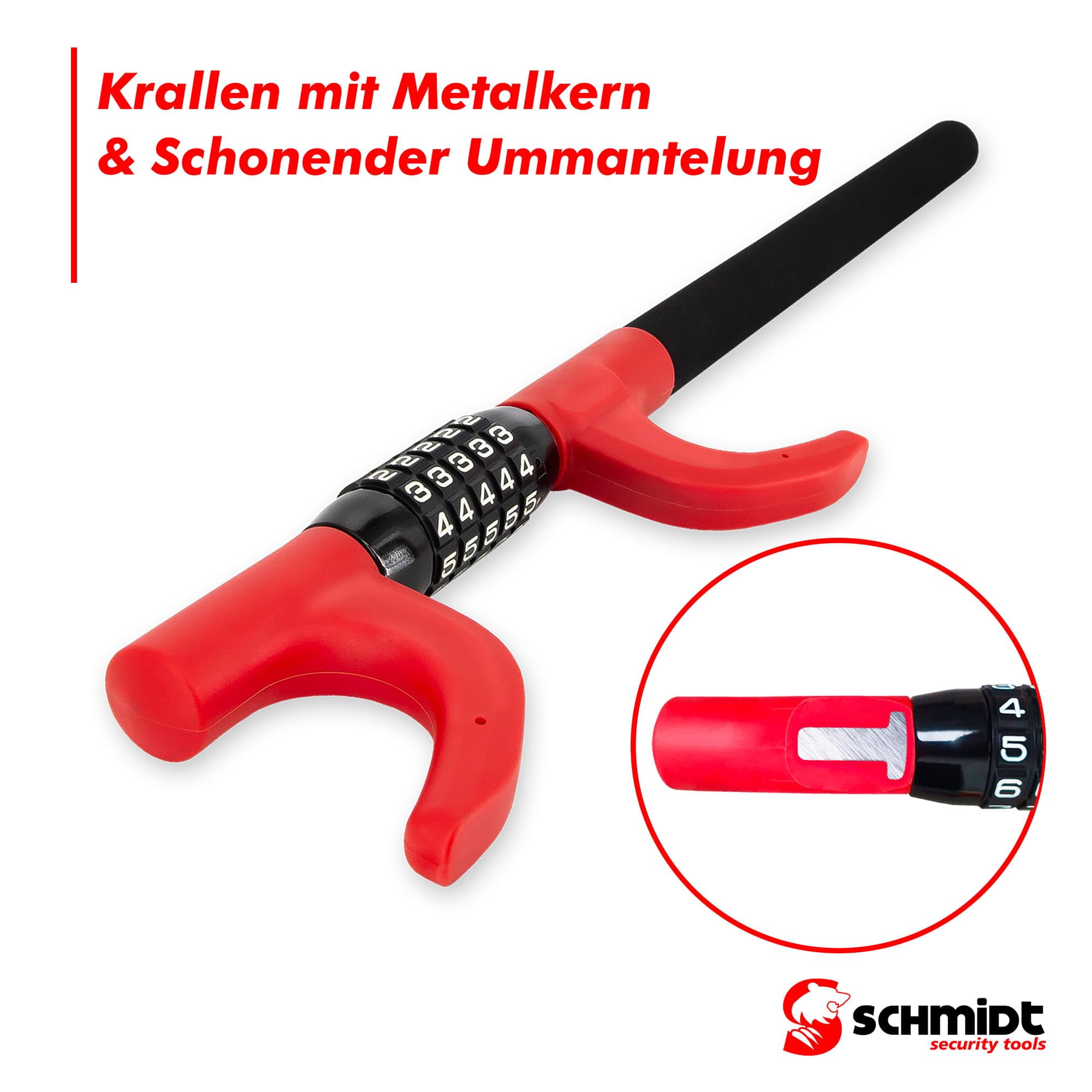 SCHMIDT security tools Lenkradkralle, Extra Langes Lenkradschloss, Wegfahrsperre, PKW Diebstahlschutz, Lenkradsperre mit schlüssellosem Zahlenschloss für Auto, Wohnmobil & LKW