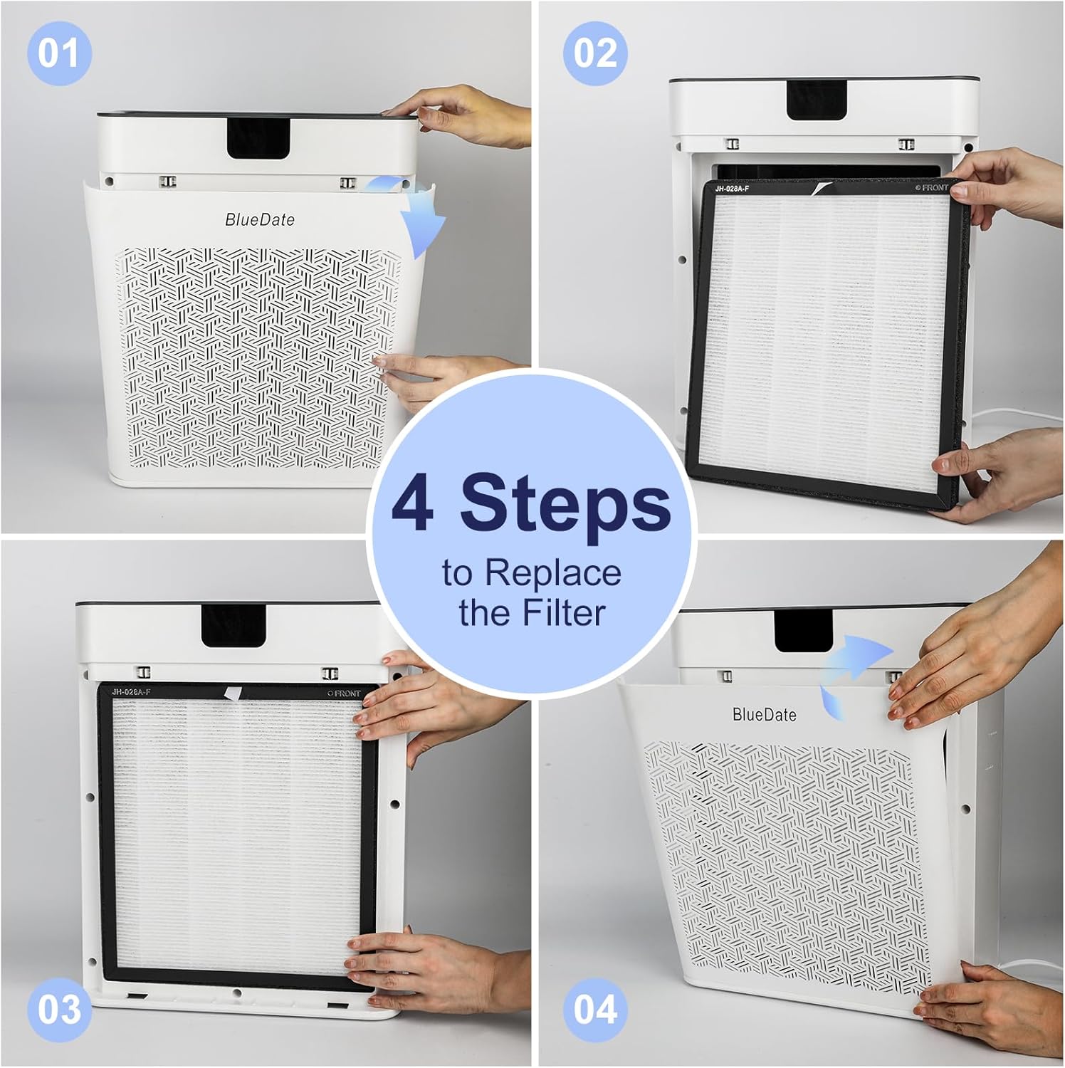 2 Pack BlueDate JH-028A JH-028A-F Original Air Purifier Replacement Filter, 3 in 1 H13 ture HEPA Air Filter for Bedroom and Office