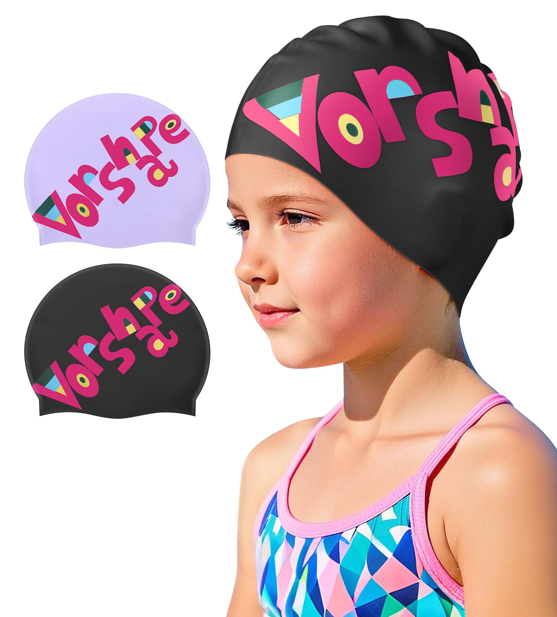 Kids Swim Cap 2 Pack,Silicone Swim Cap for Kids Ages 3-15