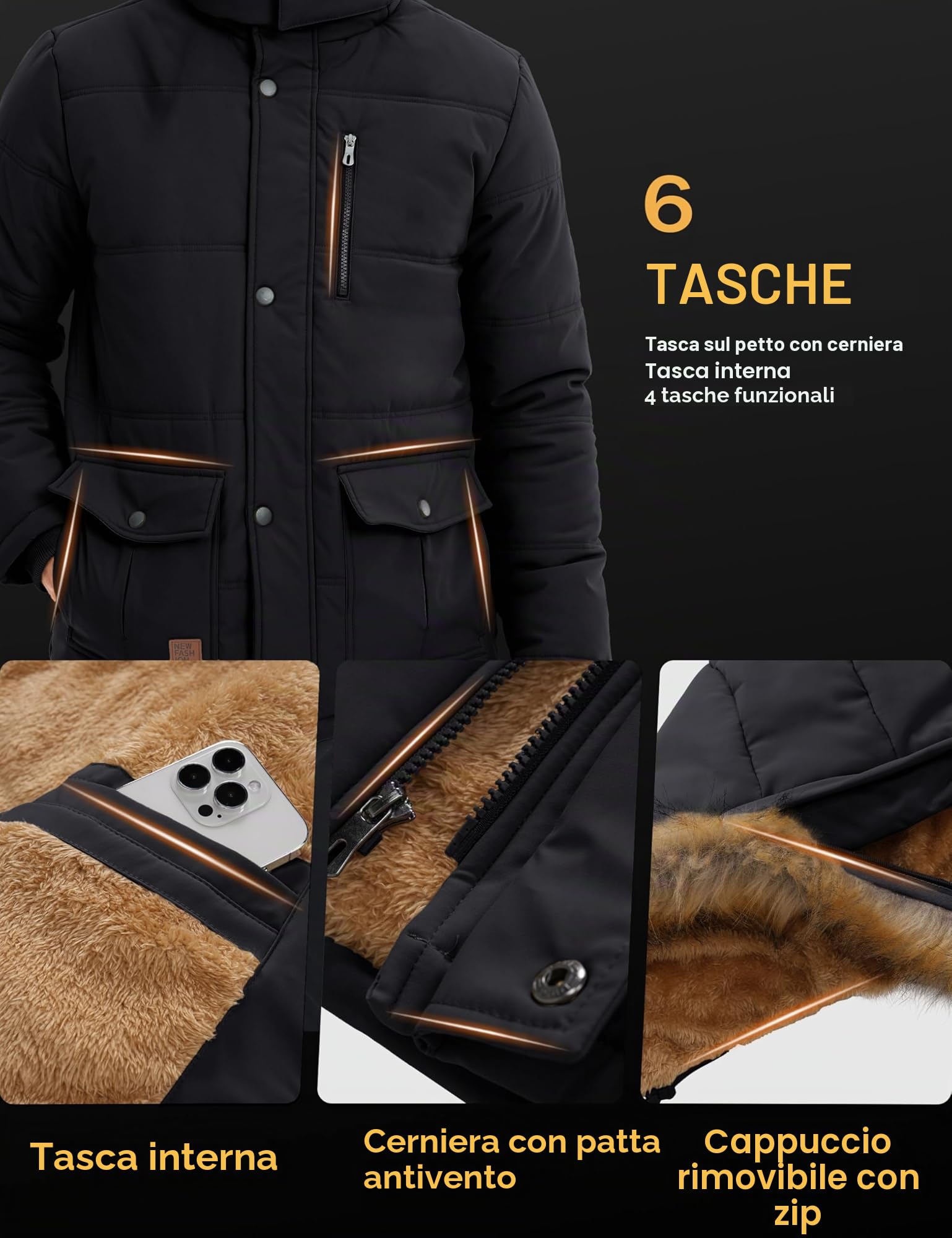 MAGCOMSEN Giacca invernale da uomo, antivento, calda, in pile, per il tempo libero, per le mezze stagioni, impermeabile, foderata, ispessita, da lavoro, con cappuccio rimovibile