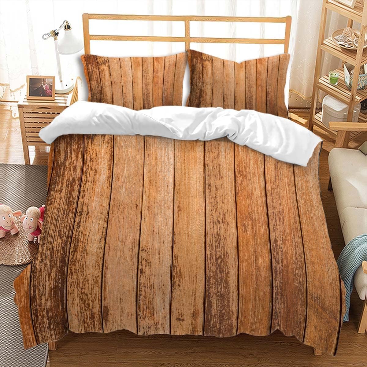 Housse De Couette 140x200 Cm + 1 Taie Oreiller - Microfibre Douce, Imprimé Bois Rustique, Fermeture Zip