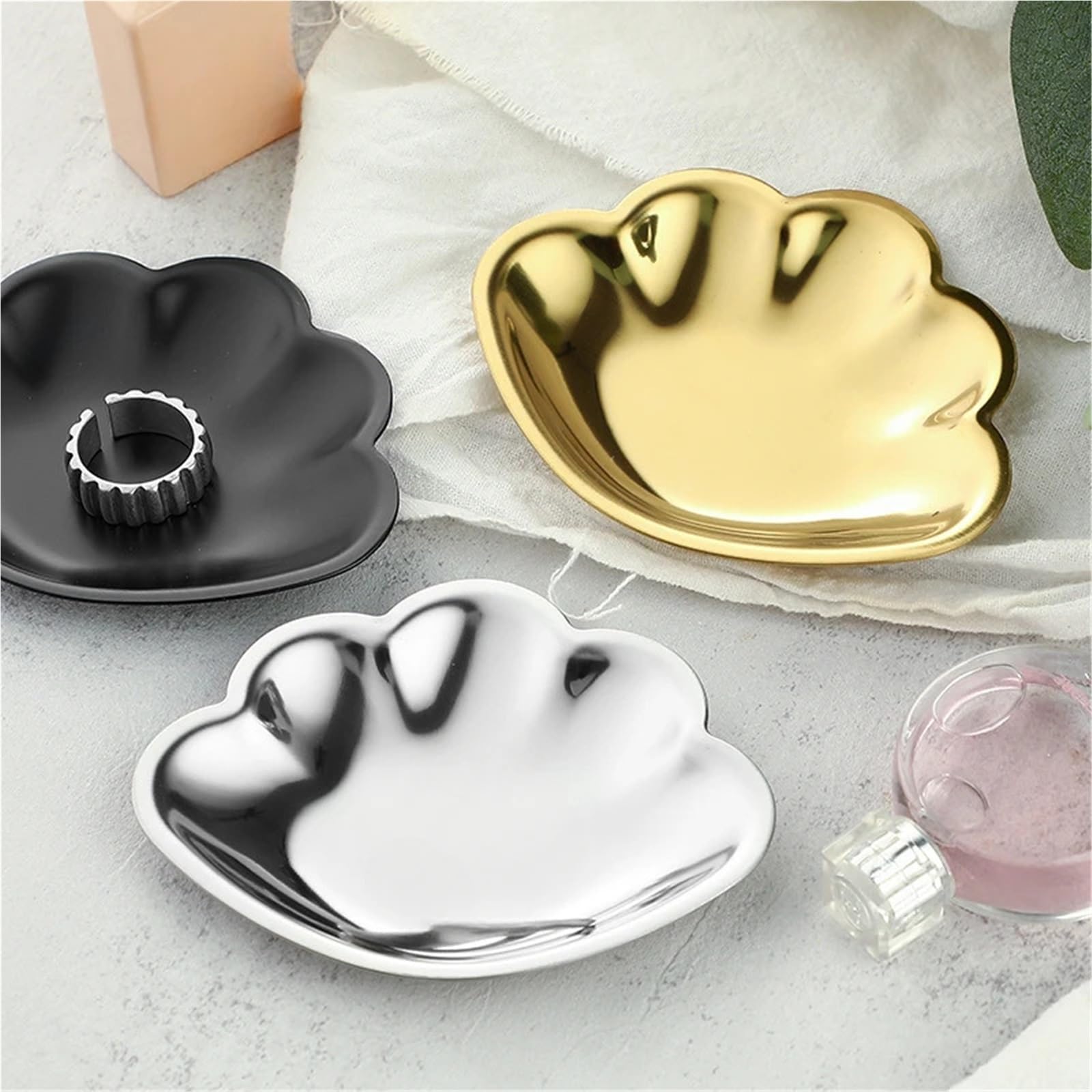 Schmuckschale 6 stücke Schöne Schmuck Überzug Metall Platte Edelstahl Muschel Form Kleine Dekorative Tablett frauen Organizer(Black)