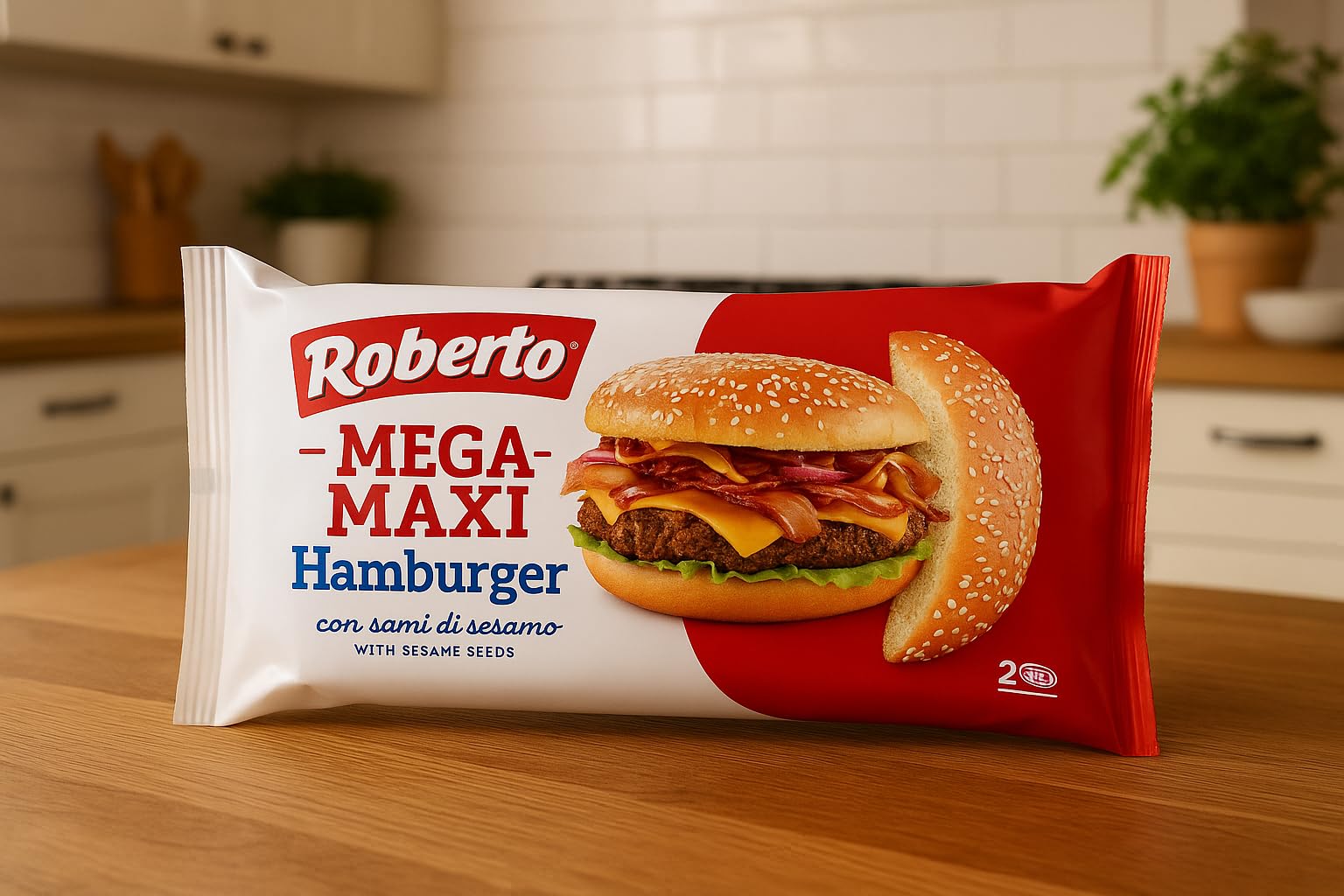 "Roberto Mega Maxi Hamburger – Pane Morbido con Semi di Sesamo, 2 Panini per Confezione, Ideale per Hamburger Giganti e Grigliate, Scorta da 8 Confezioni"