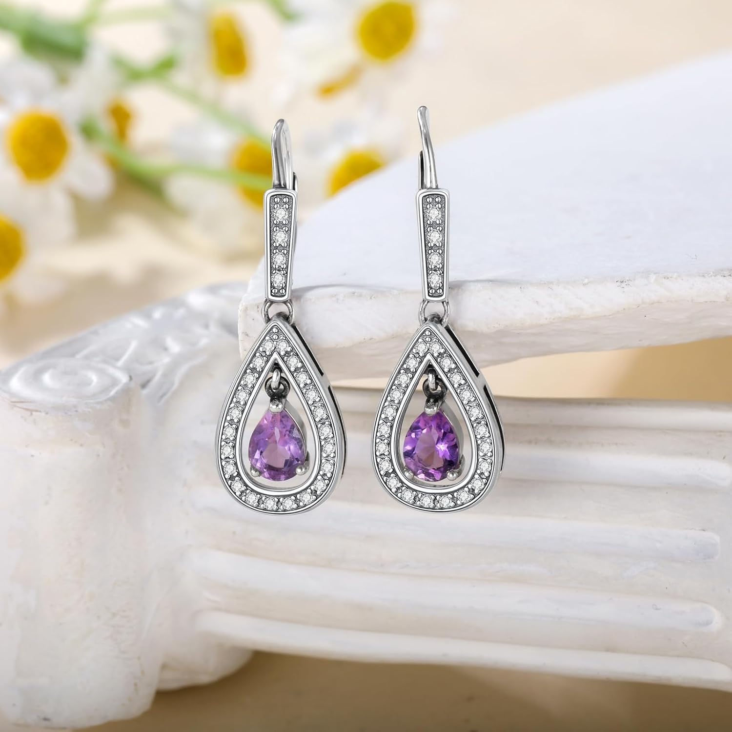 Pear Cut Genuine or Created Gemstone Dangle Earrings 925 Sterling Silver Vintage Birthstone Leverback Earrings for Women Gifts - Image 2