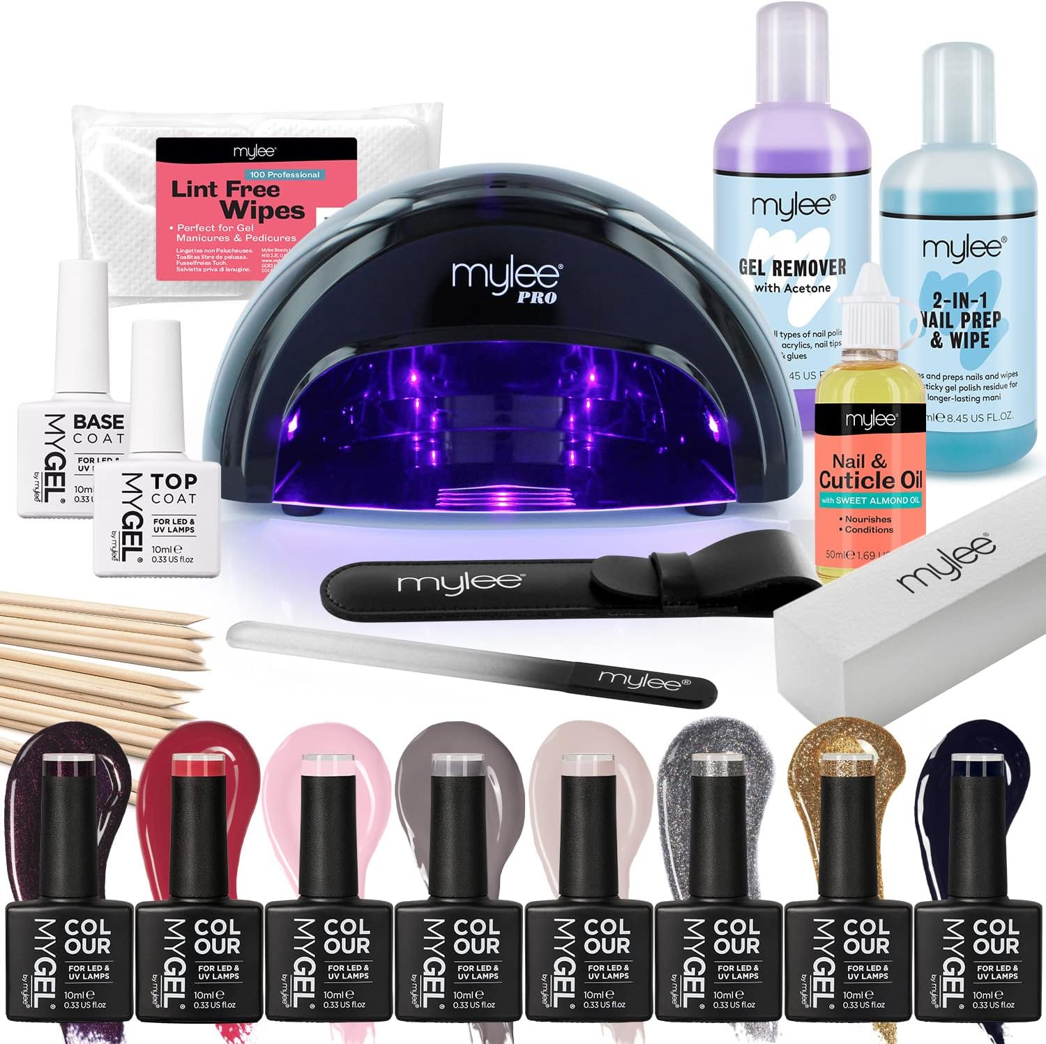 The Full Works Gel Nail Polish LED Lamp Kit, 8x MYGEL Colours, Top & Base Coat, Mylee PRO Salon Series Convex Curing LED Lamp, Prep & Wipe, Gel Remover (Autumn/Winter - Black Lamp)