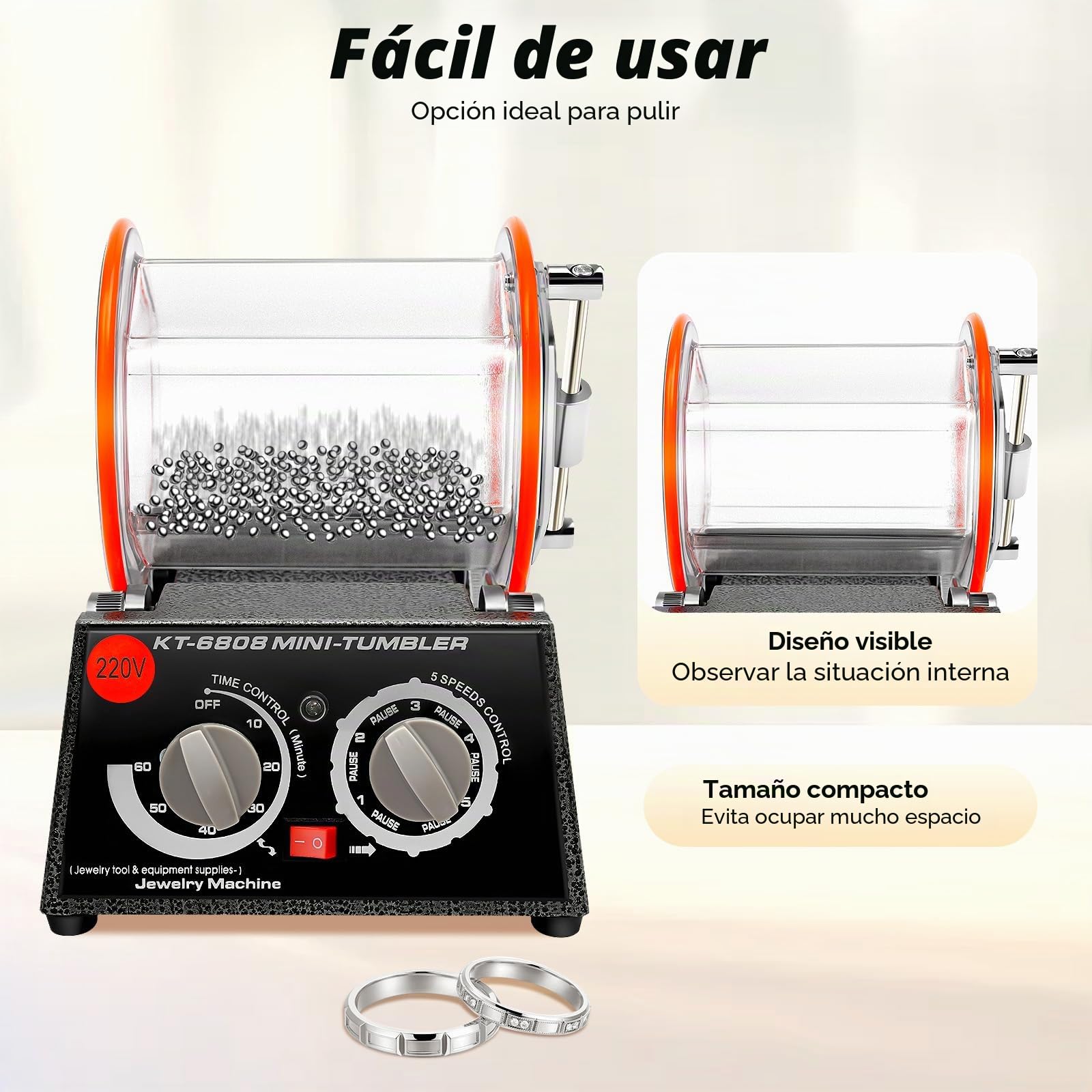 Pulidora de 3 kg 220 V, tambor de pulido, molinillo de bolas con motor de 60 W y temporizador, 5 niveles de regulación de velocidad (500 – 3000 rpm), barril transparente para joyas, monedas, piezas