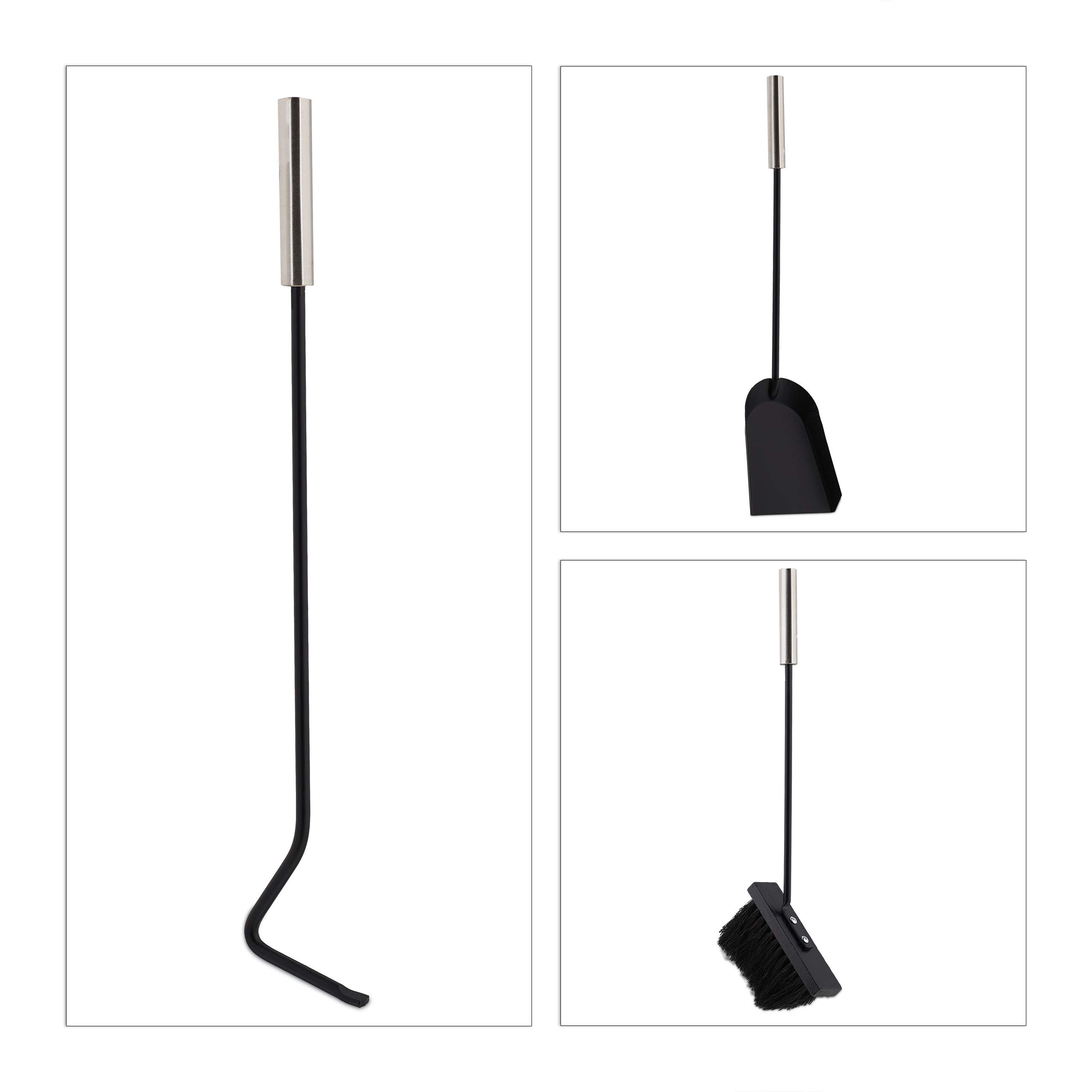 Relaxdays Accessori da Camino, Moderni, 4 Componenti, con Attizzatoio, Paletta Raccogli Cenere, Scopino e Supporto, Nero