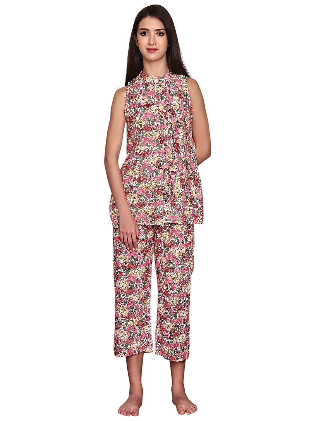Women's 100% Organic Cotton Night Suit Set | Multicolor Floral Print Sleepwear with Round Collar | Soft & Breathable Sleeveless Top & Pyjama Set-image-41