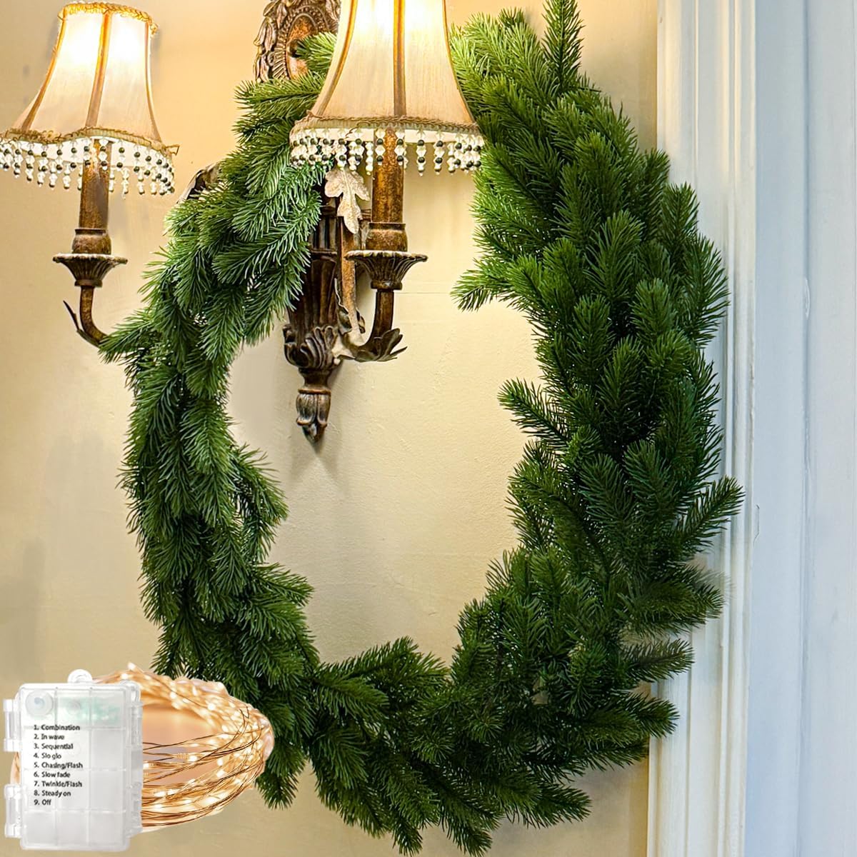 6FT Christmas Garland with 100 LED Lights String & Battery Operated, Greenery Plant for Christmas Decorations Table for Mantle Wall Room Winter Garland Outdoor Indoor
