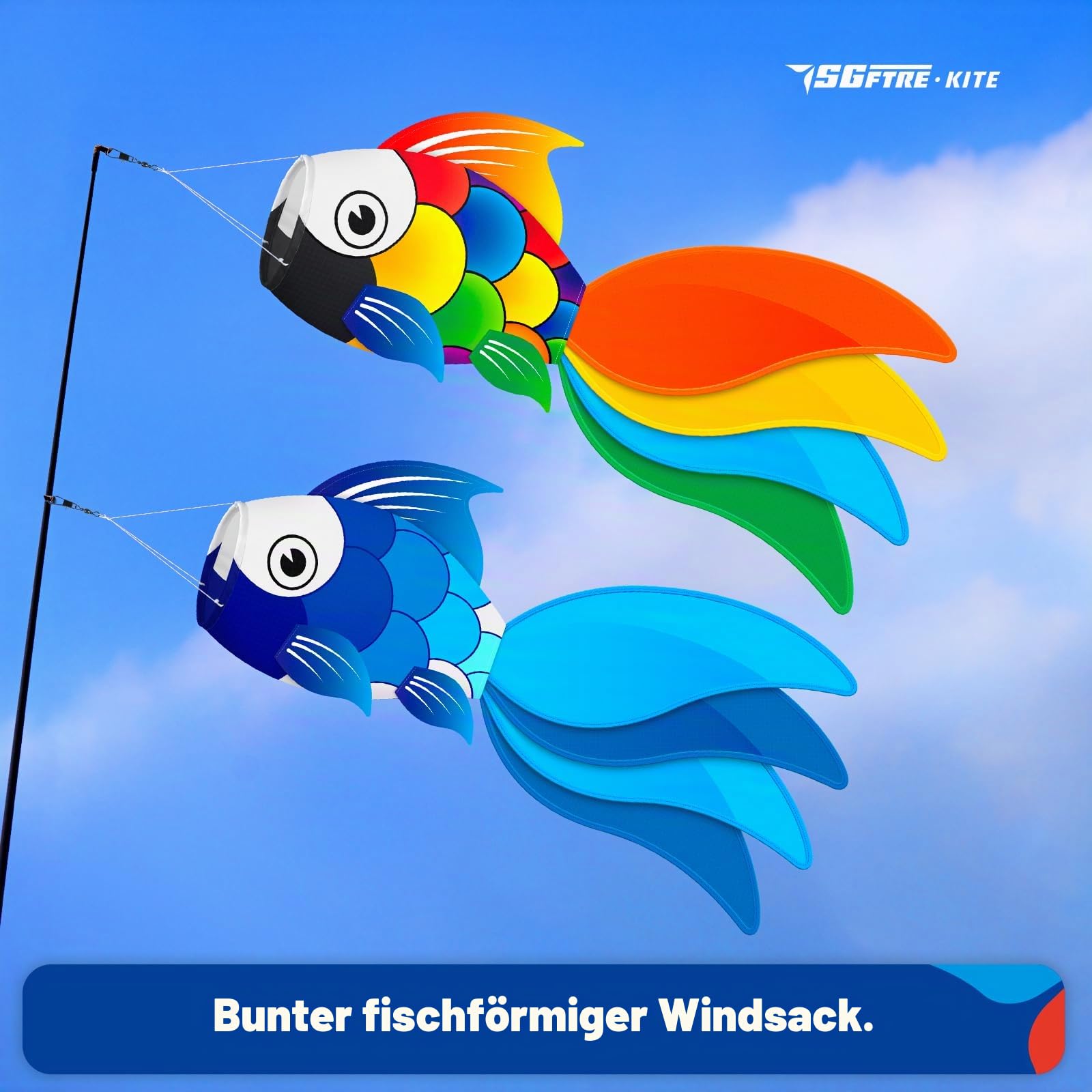 SGftre Fisch-Windsack - Hochwertiger Windsack für draußen, wasserfest & leicht zu befestigen - Perfekte Deko für Garten, Balkon, Strand, Boot & Angeln (2, Fisch-Windsack - bunt + blau)