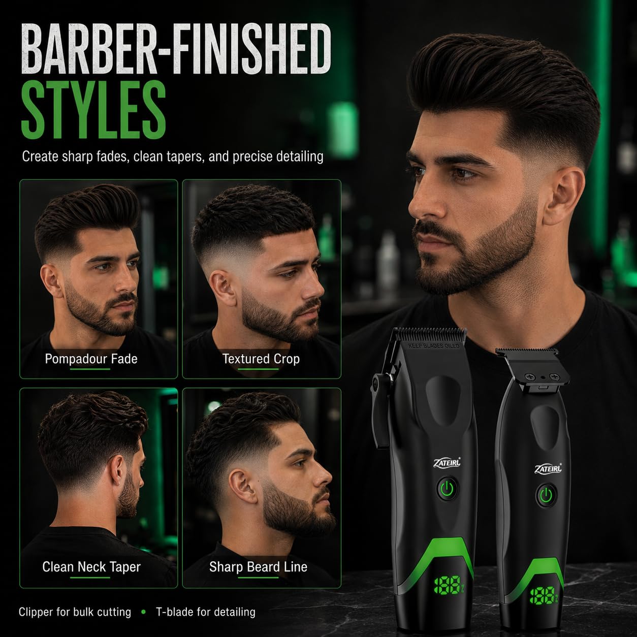 Cortapelos profesional para hombre, inalámbrico, con cuchillas de precisión, carga USB, juego de peines guía, para hombres y mujeres, color negro
