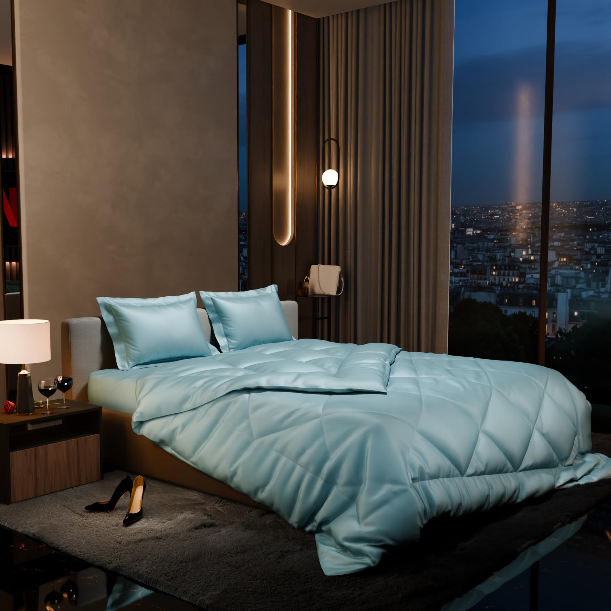 Stoa Paris Satin Comforter Set Double Bed with Satin Bedsheet & Pillow Covers, 300TC Complete Bedding Set, Ideal Gifts for Women, Couples, Bedroom Home Furnishing, Date Night - Dreamy Blue