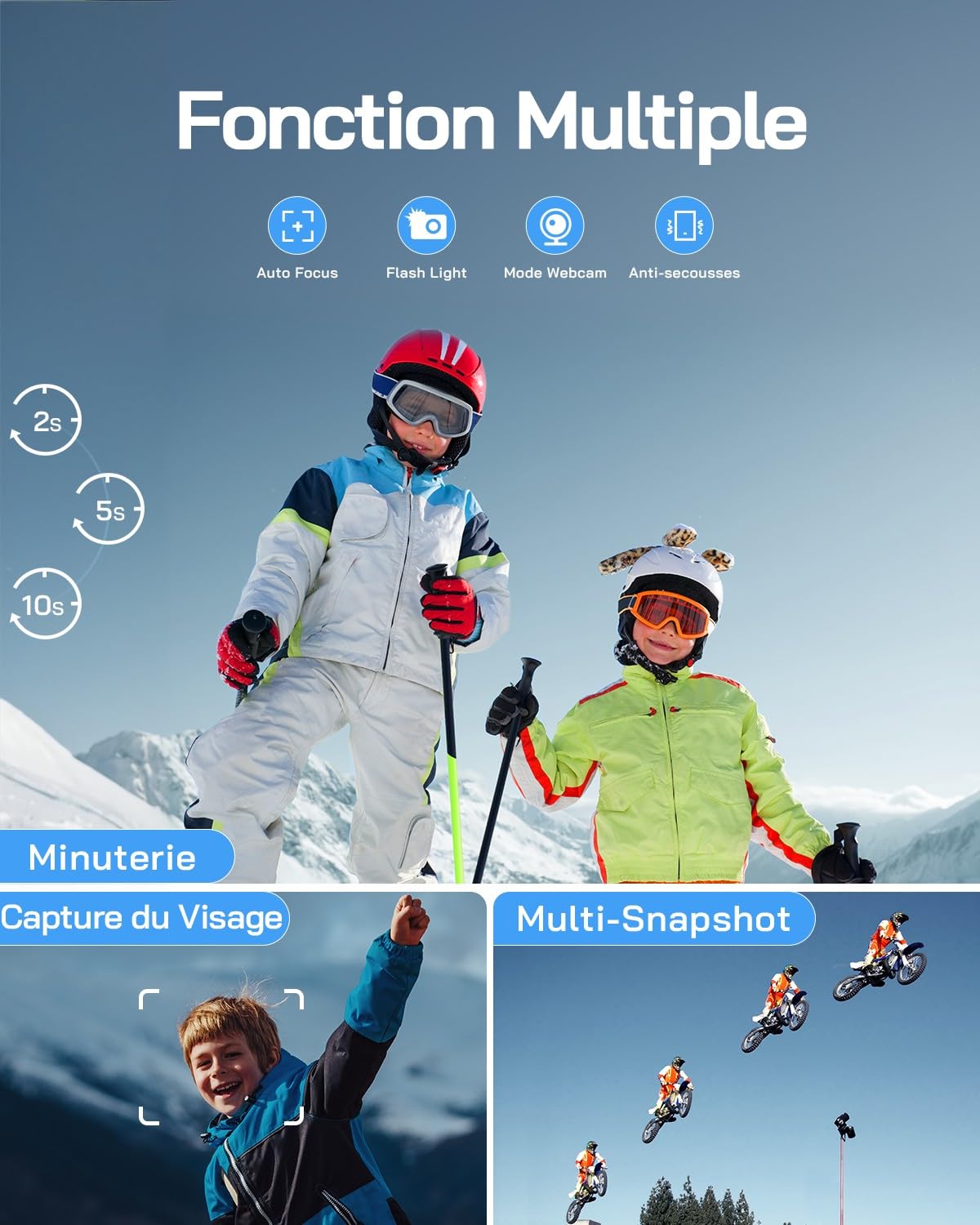WOLFANG Appareil Photo numérique, caméra Enfant 2,7 K pour Photographie, vlogging compacte 50 MP, caméra vidéo Zoom numérique 16x, numérique Point de Mise au Point Automatique et