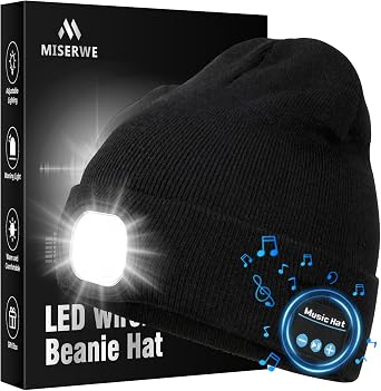 LED Beanie with Light, Unisex Rechargeable Flashlight Beanie Hat with Wireless Headphones, Unique Christmas Birthday Gifts for Men Women Black