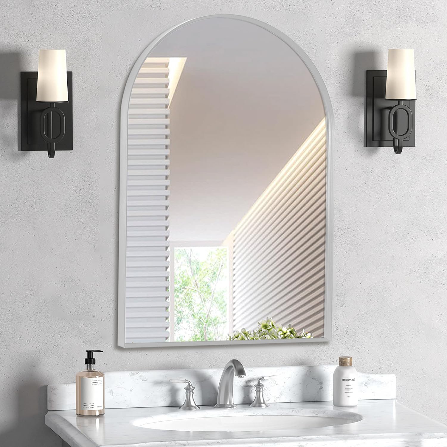Silver Arched Mirror 24x32in, Metal Framed Bathroom Vanity Wall