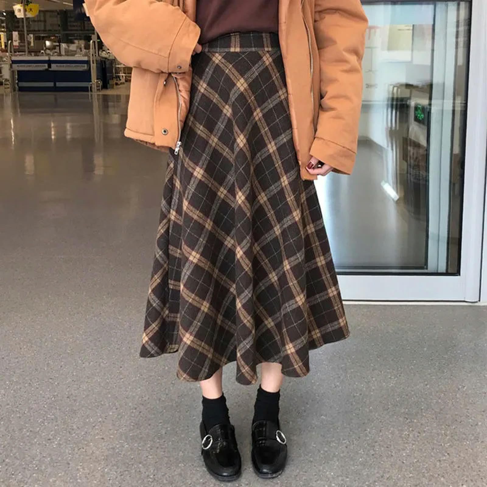 Mdybf Spódnice damskie w stylu vintage, spódnica w kratę, na jesień i zimę, wąska, średniej długości, duża spódnica do kolan, elegancka spódnica o linii A