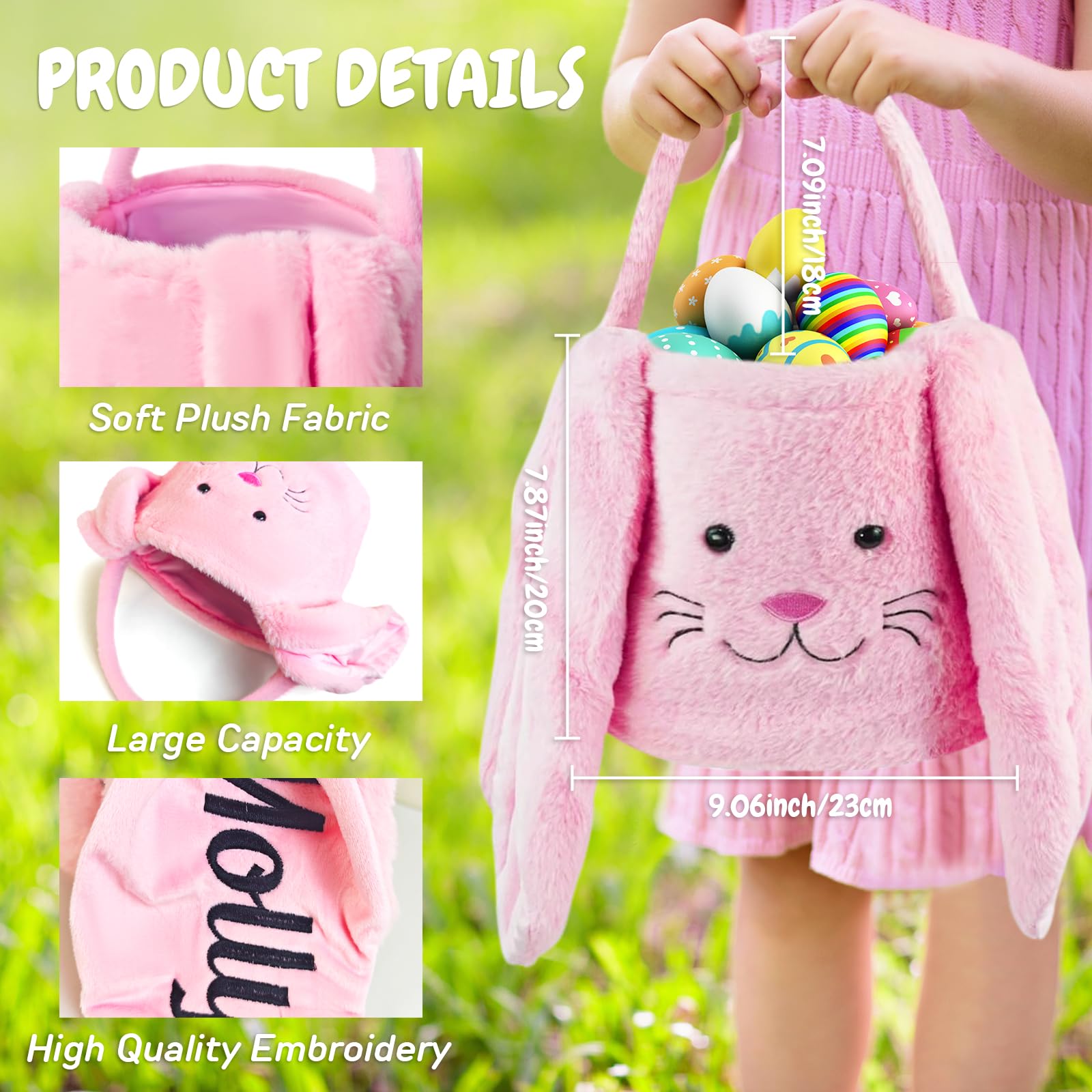 Artiglow Personalized Plush Easter Basket for Boys and Girls, Embroidered Bunny Ears Egg Hunt Basket with Custom Name, Soft Fillable Gift Bakset, First Easter, Fluffy, 9