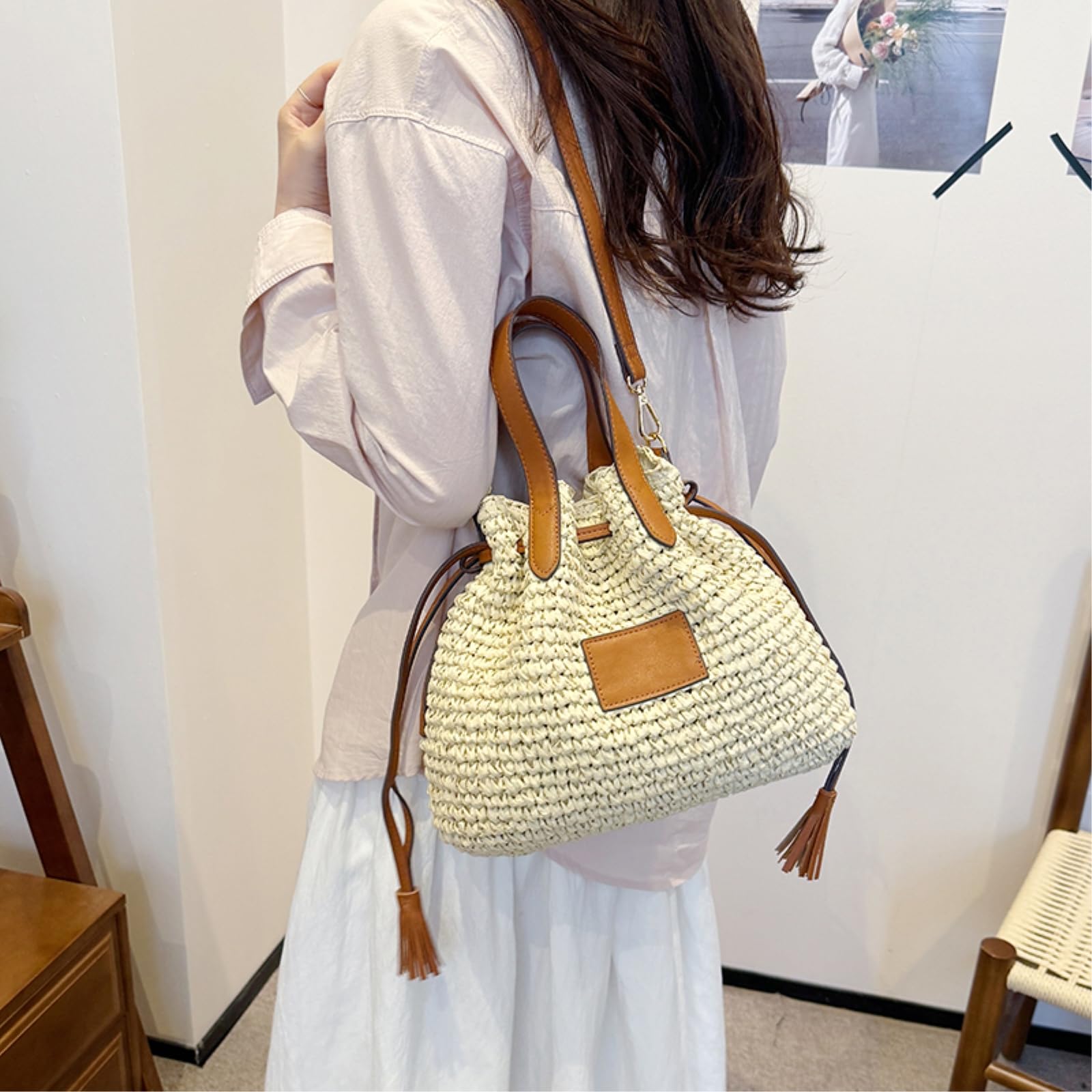 CHENSHI Borsa a Tracolla Donne Borse di Paglia Bucket Bags Fashion Ladies Crossbody per Le Casual Femminile Weave Beach Spalla-khaki-30x11x23cm