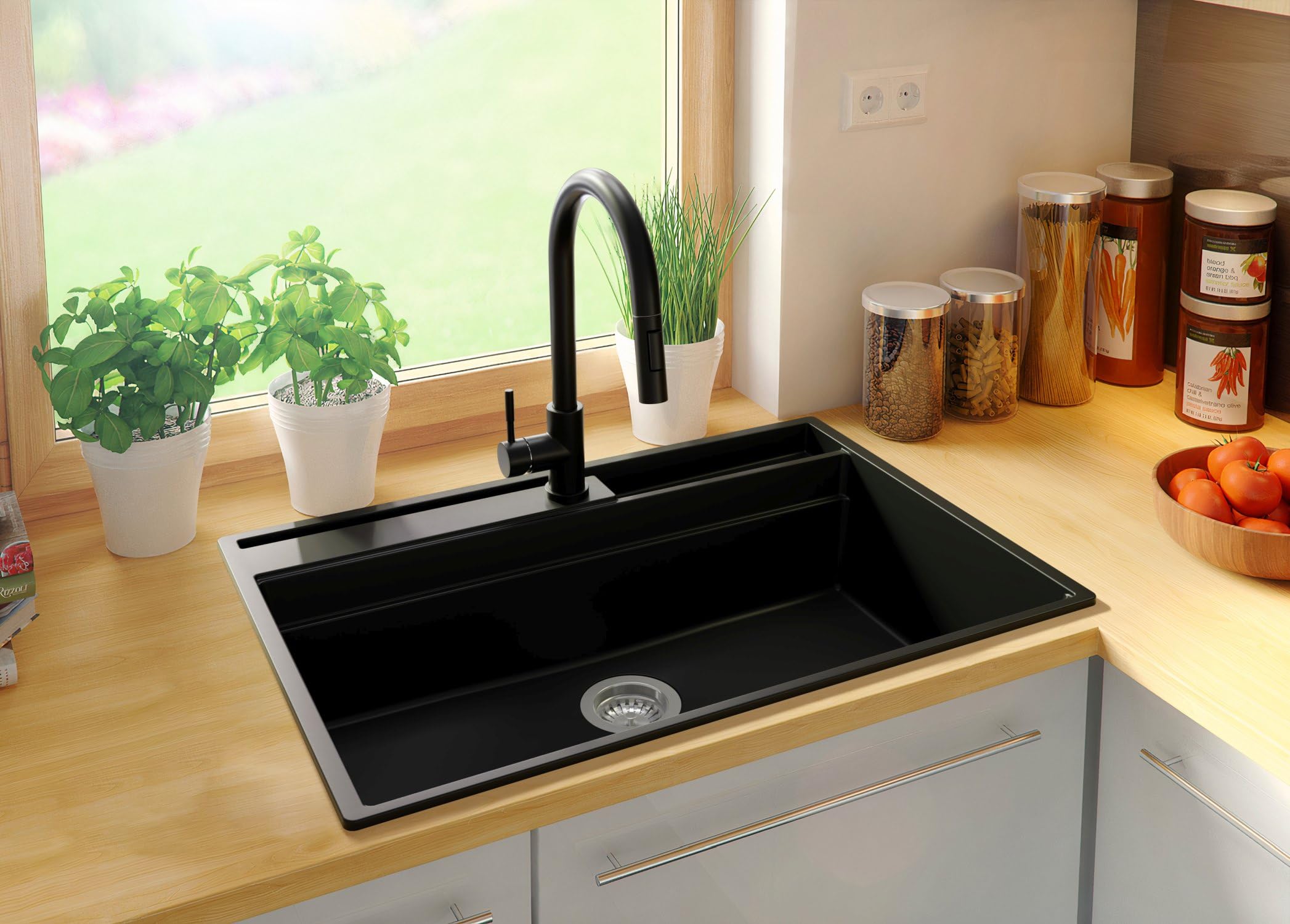 PRIMAGRAN Lavello da Cucina Nero 78x53cm, Lavandino in Granito a 1 vasca + Sifone Classico, Lavabo da Cucina Incasso al Mobile 80cm - Oslo Pocket S335