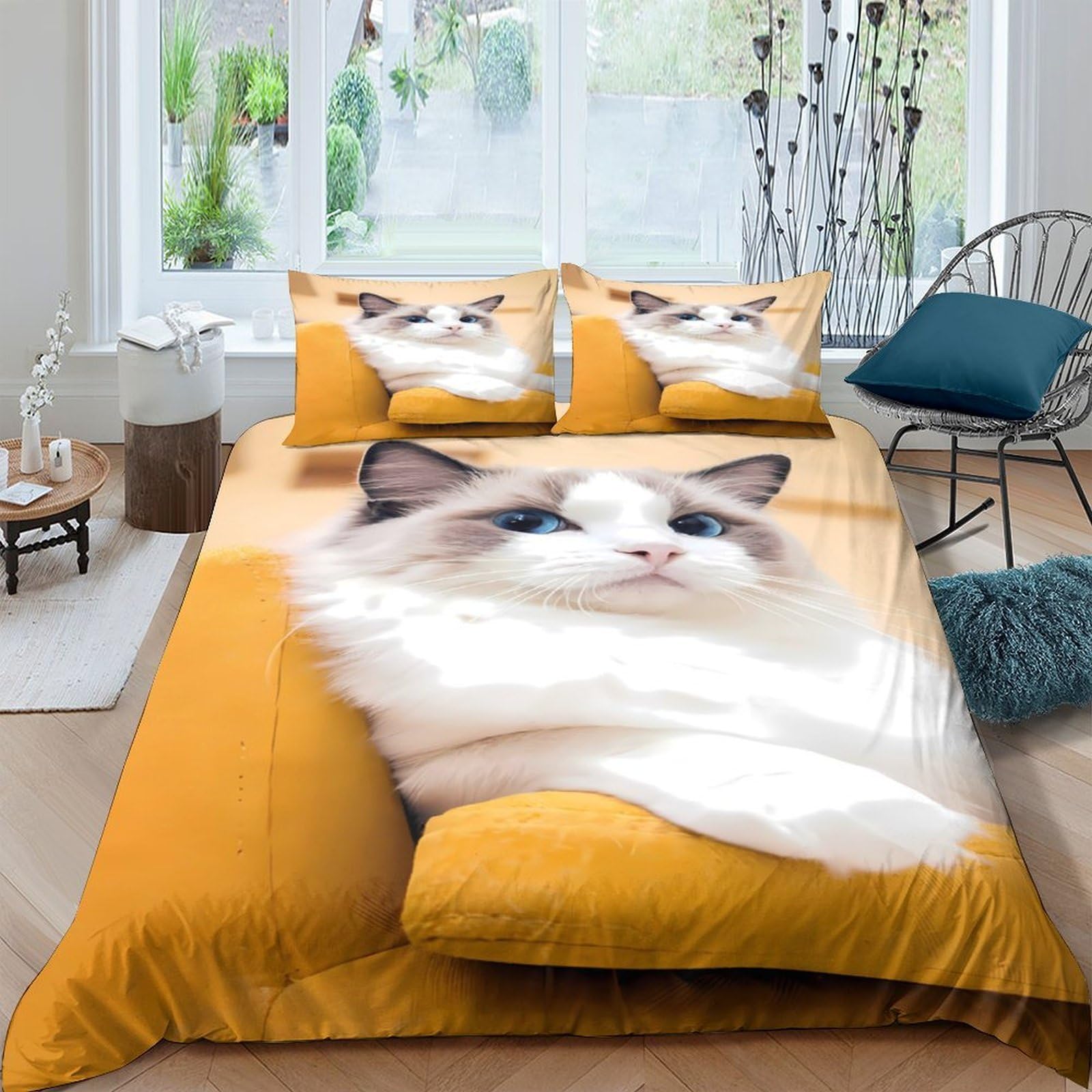 Ctjqhvkz Style-2 3D Printed Ragdoll Cat Fitted Sheet Microfiber Soft Easy Care Yellow Cat Portrait Mattress Cover Bedroom Decor Single（135X200cm）