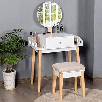 Amazon Com Facilehome White Dressing Vanity Table Makeup Desk With Flip Top Dressing Mirror And 2 Drawers Kitchen Dining