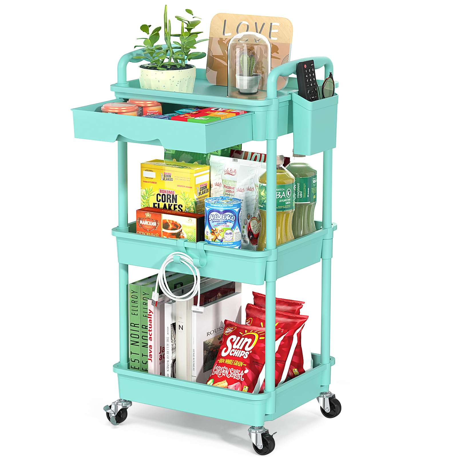 3-Tier Rolling Cart with Drawer & Lockable Wheels, Bathroom Storage Organizer Multifunctional Rolling Storage Cart for Bathroom, Kitchen, Office, Craft, Makeup, Baby Essentials, Blue