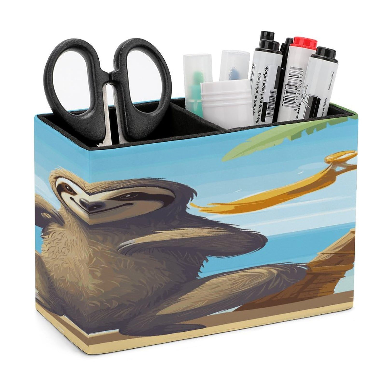 LDGSUPH Sloth on Beach Leather Pen Holder for Desk Organizer Caddy Large Pencil Cup Multi-function Pencil Holder Makeup Brush Holders Pen Organizer for Home Office Storage Box