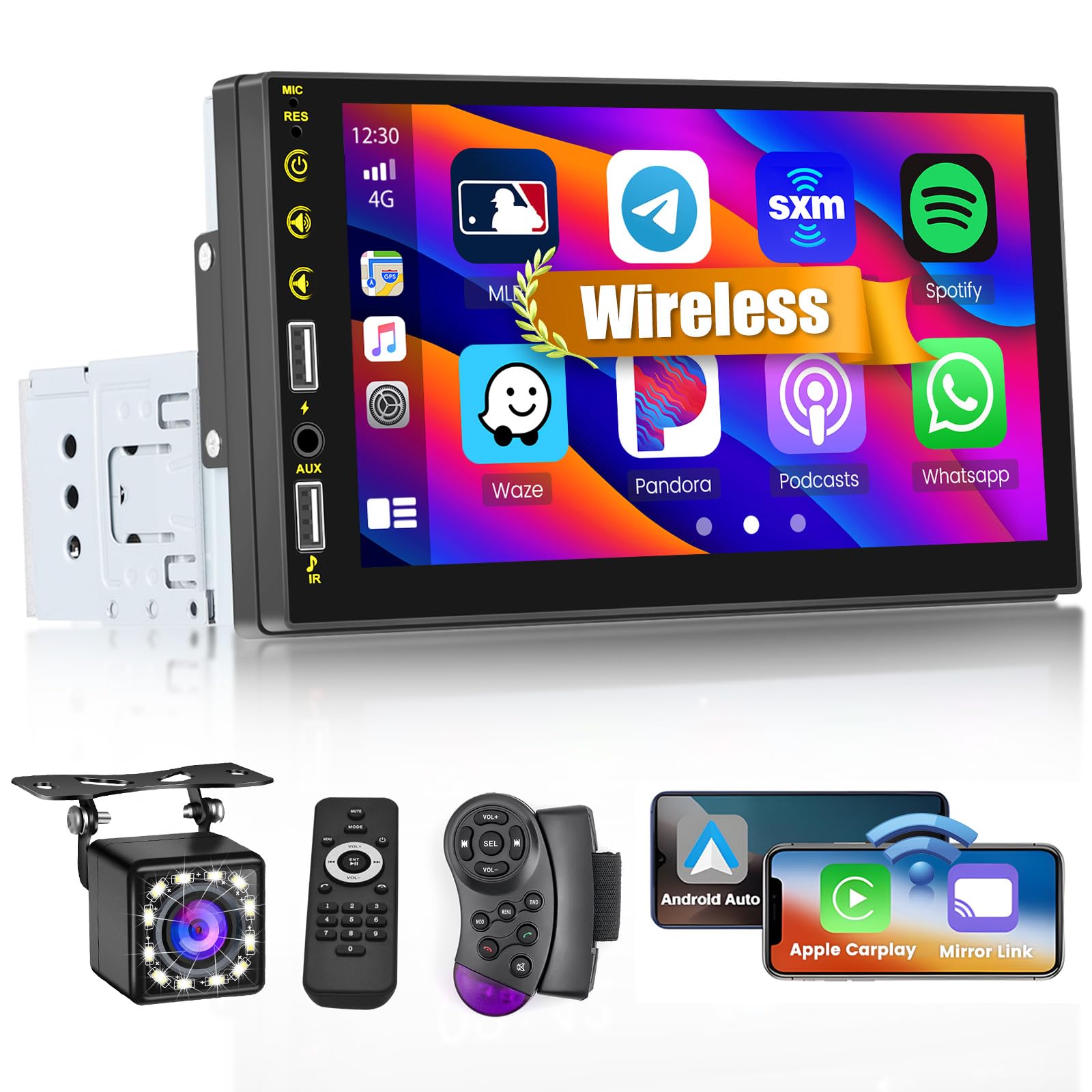 Hikity 1 DIN Autoradio sans Fil CarPlay Android Auto avec 7" Écran Tactile Poste Radio Voiture Bluetooth Lien Miroir pour iOS/Android FM Radio EQ AUX/2USB + Caméra de recul