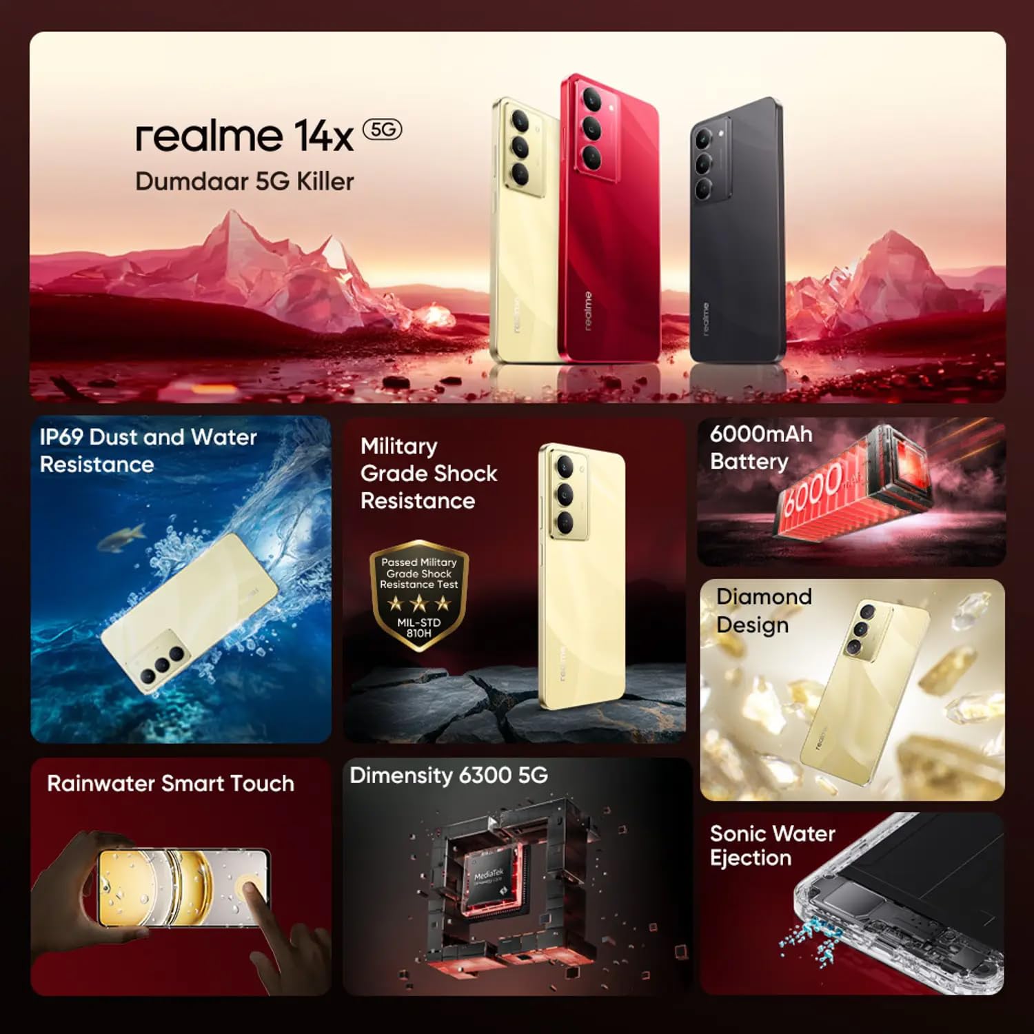 realme 14X Akıllı Telefon 5G 6GB RAM 128GB ROM 6.67 inç HD+Ekran