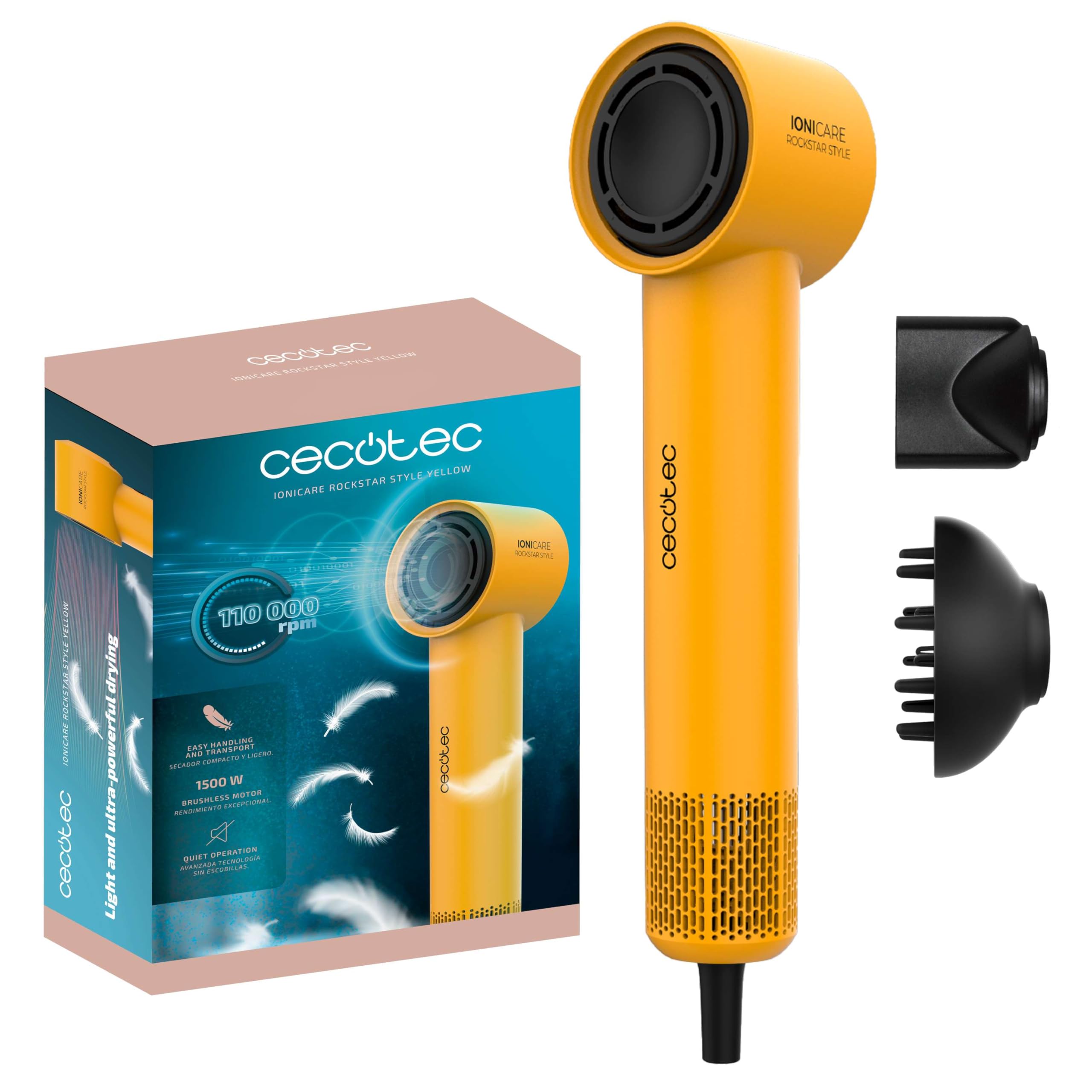 Cecotec Secador de Pelo Ionicare Rockstar Style Yellow, Secador Muy Compacto y Ligero, Motor 1500W 110000 Rpm, Generador de Iones, 4 Temperaturas, 3 Velocidades, Silencioso: Tecnología Brushless