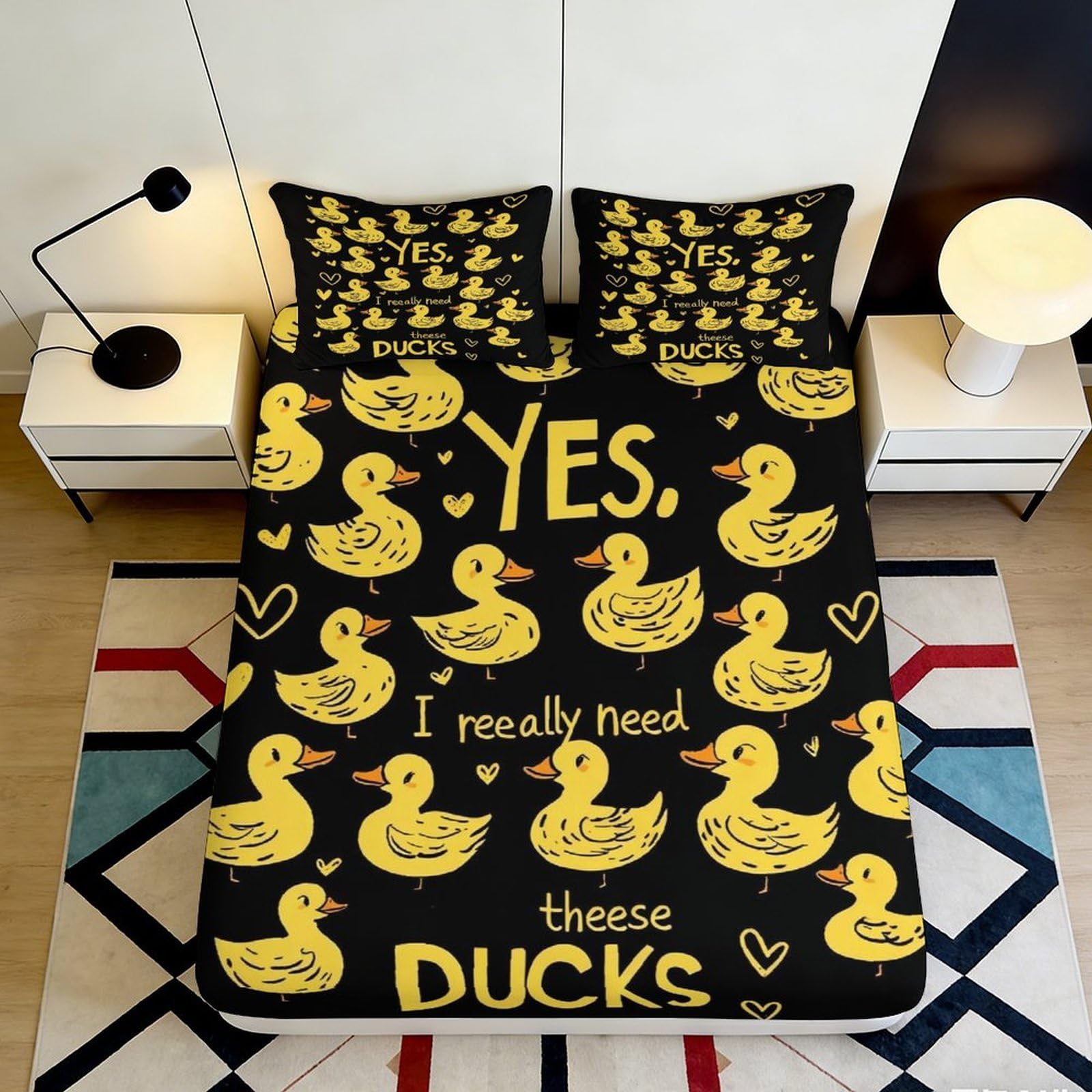 3D Printed Yellow Duck Fitted Sheet Microfiber Soft Black Cartoon Mattress Cover for Bedroom Dorm Decor 90x200x25cm