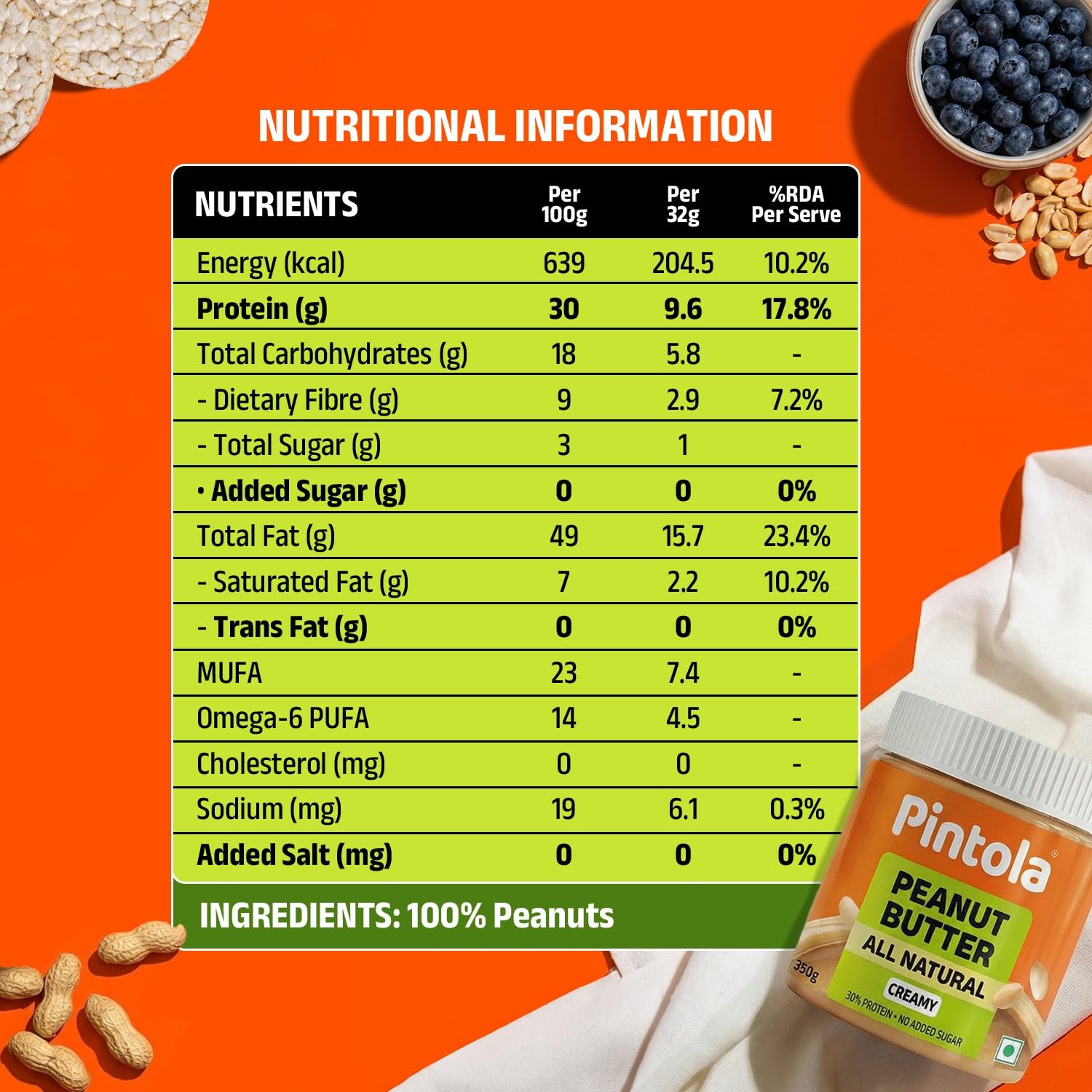 Pintola Beurre d'arachide tout naturel (crémeux) | non sucré | 30g Protéines | Sans OGM | Sans gluten | Sans cholestérol (350g)