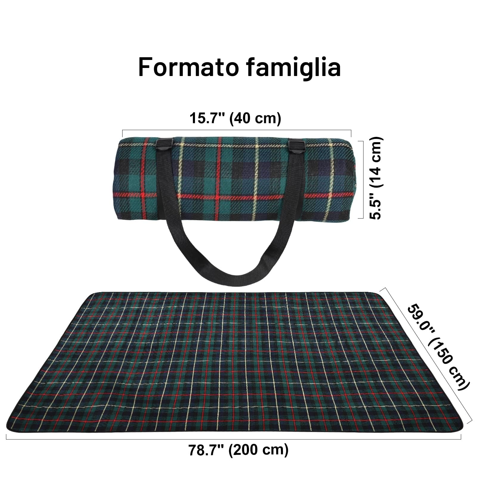 Ben & Bel - Coperta impermeabile e antisabbia, per picnic in famiglia, pieghevole e portatile, con cinghia per il trasporto, per viaggi all'aperto, campeggio, escursionismo, 150 x 200 cm, XL (verde)