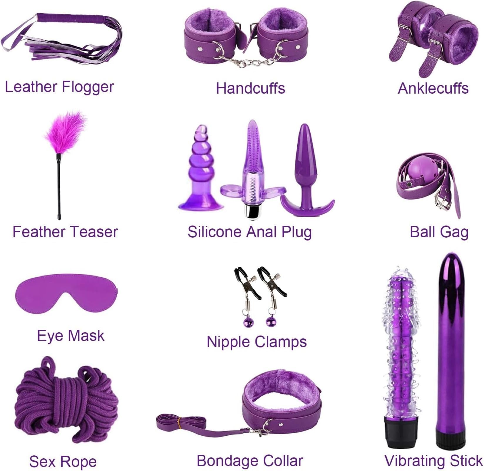 Exclusivo set de 14 piezas para parejas en cuero morado y felpa de lujo, los kits perfectos para San Valentín-ESLSM01 (Set morado-1)