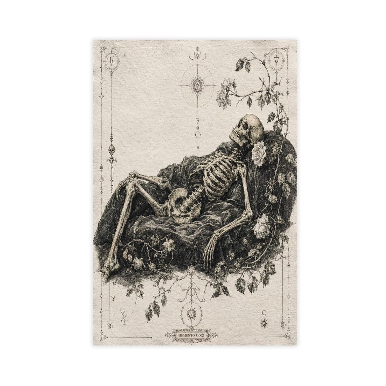 W7c8u2x3 Unframe-Style-11 Skeleton Reclining Ink Study Canvas Wall Art, Antique Sketch