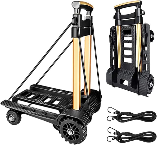 Folding Hand Truck, with Noiseless Wear-Resistant PU Tank Wheels and Adjustable Aluminum Alloy Drawbar, 60KG/132LBS Capacity and Lightweight(3.9LBS) , Portable Heavy Duty and Durable Trolley Dolly
