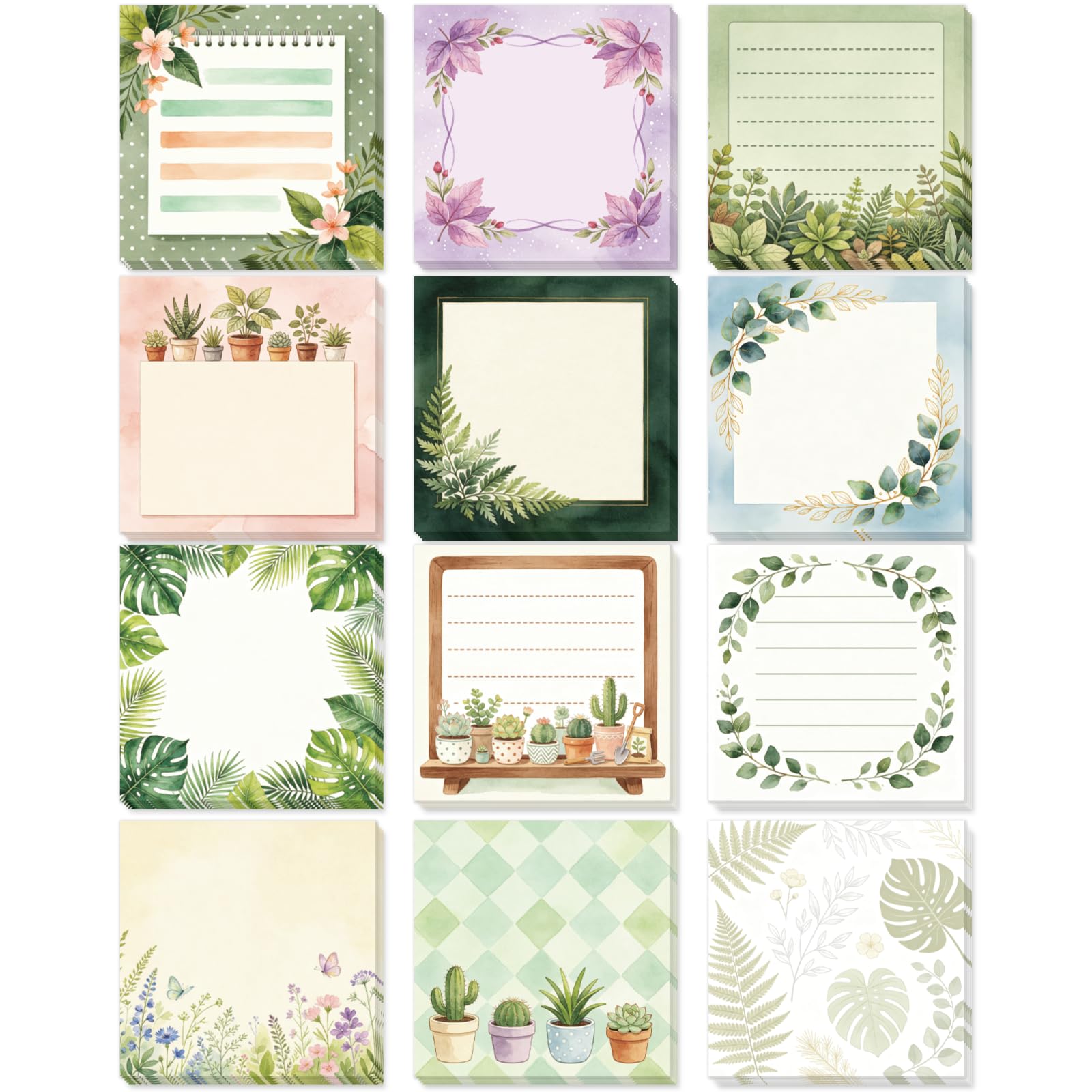 GLOBLELAND 12 Pack 600 Sheets Wildflower Clusters Pattern Sticky Note Pads Bohemian Plants Memo Pads 3×3 Inch Potted Plants Self-Stick Notepads for Note-Taking Memorandum Journal Planner