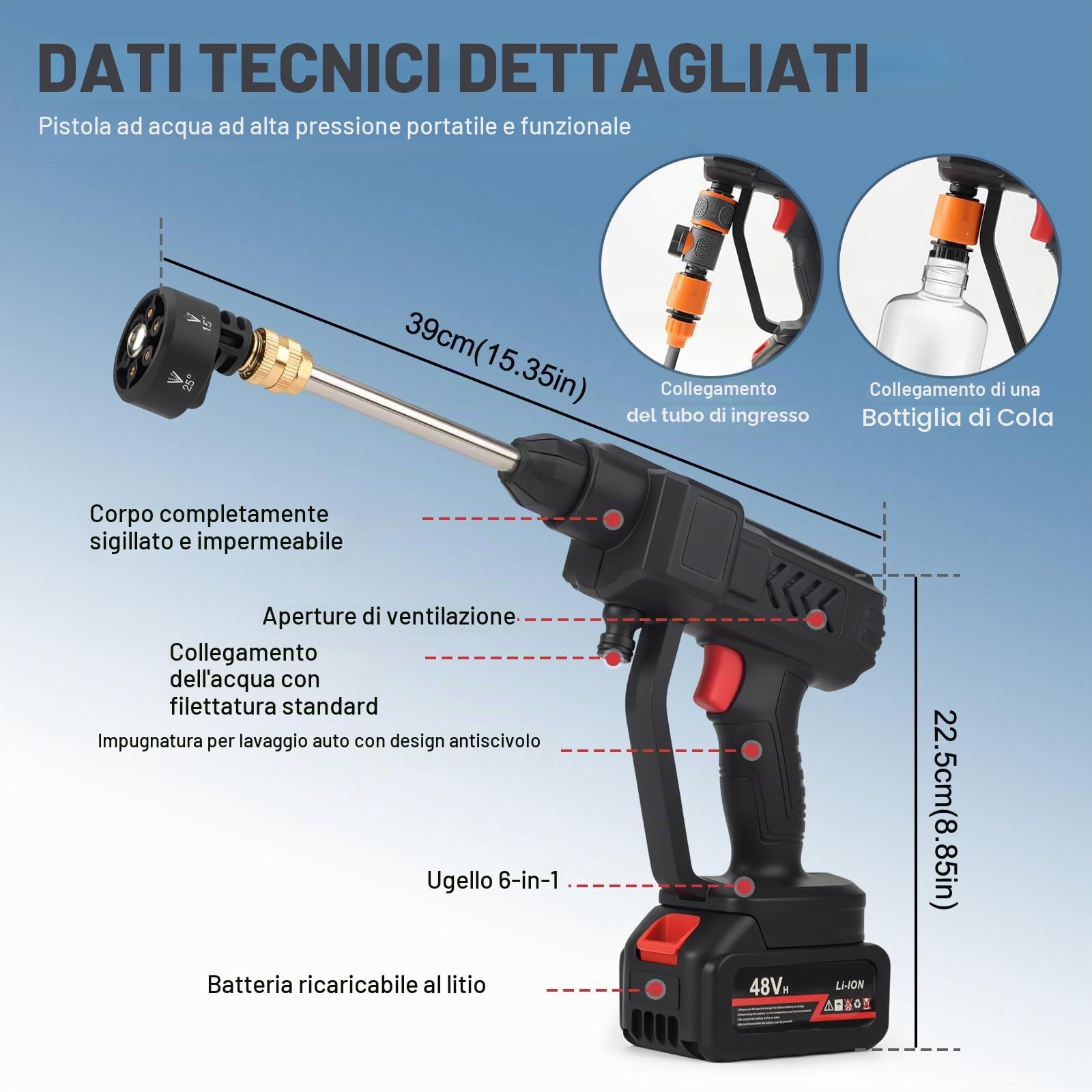 Idropulitrice portatile ad alta pressione, potenza 140 W con ugello 6 in 1, tubo ad alta pressione da 5 m, adattatore universale per rubinetto e bottiglia per auto, bicicletta, terrazza