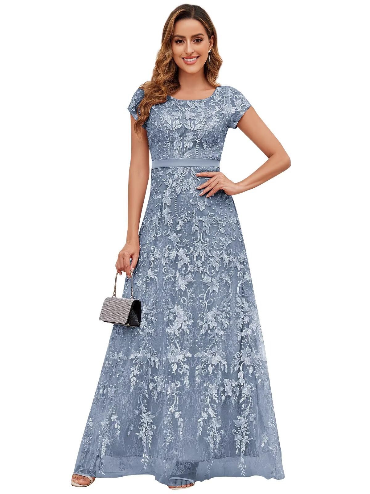 VCCICANY Lace Appliques Mother of The Bride Dresses for Women Short Sleeves A Line Tulle Long Formal Evening Gown Prom Dress