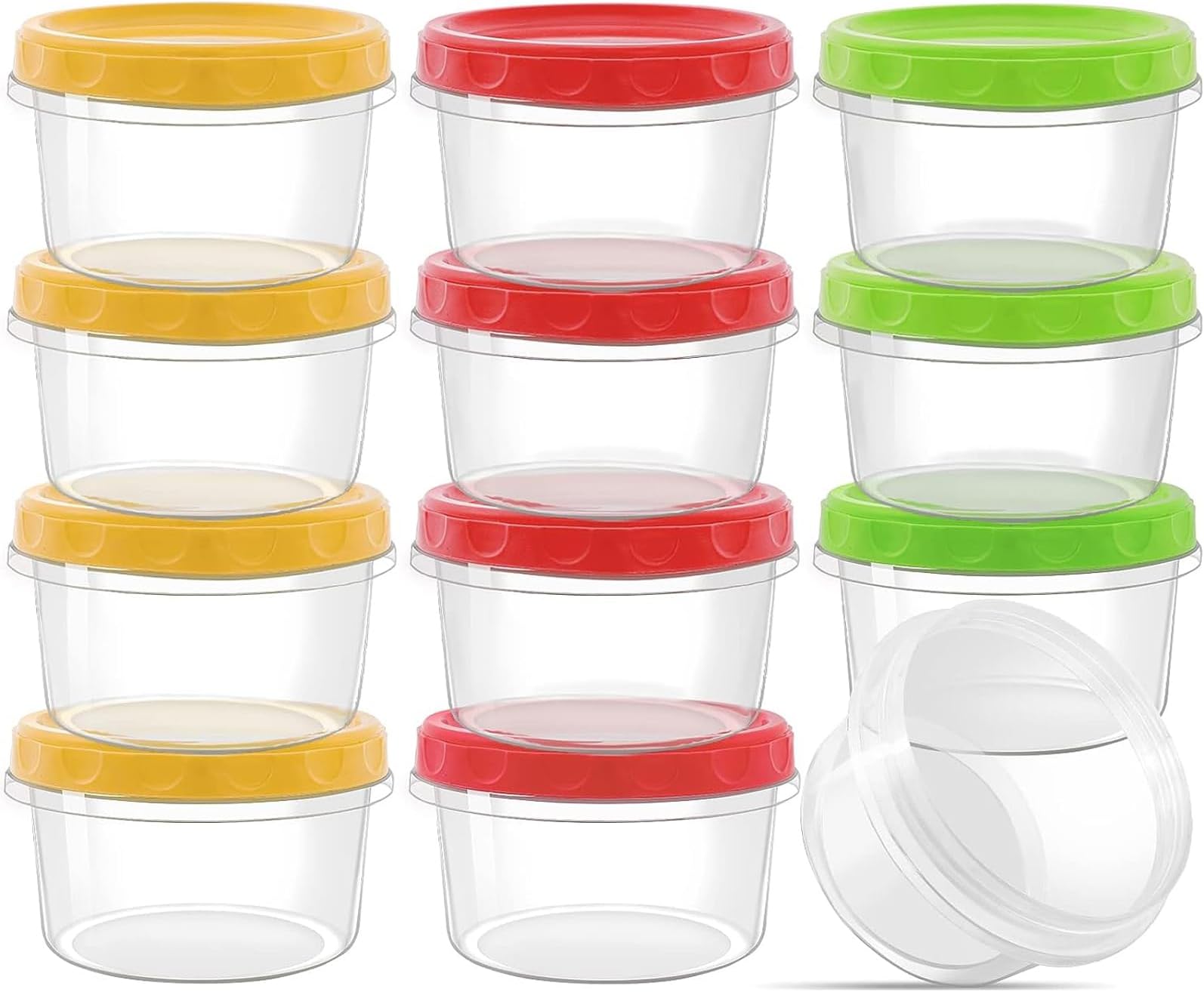 12 Pack 8 oz Reusable Plastic Food Container with Lids, Deli Containers Stackable Food Storage Jars, Dishwasher & Microwave & Freezer Safe (Red/Green/Yellow)