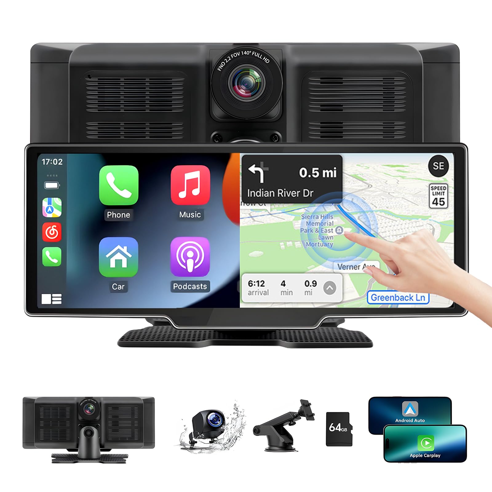 Carplay Wireless Andriod Auto,10.26" GPS Stereo navigatore con Telecamera di Backup,Bluetooth,Mirror Link，Controllo Vocale,Riproduzione Musicale