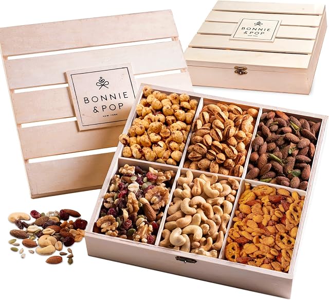 Nut Gift Basket, in Reusable Wooden Crate, Healthy Gift Option, Gourmet Snack Food Box, with Unique Flavors, Thank You, Sympathy & Birthday- Bonnie & Pop