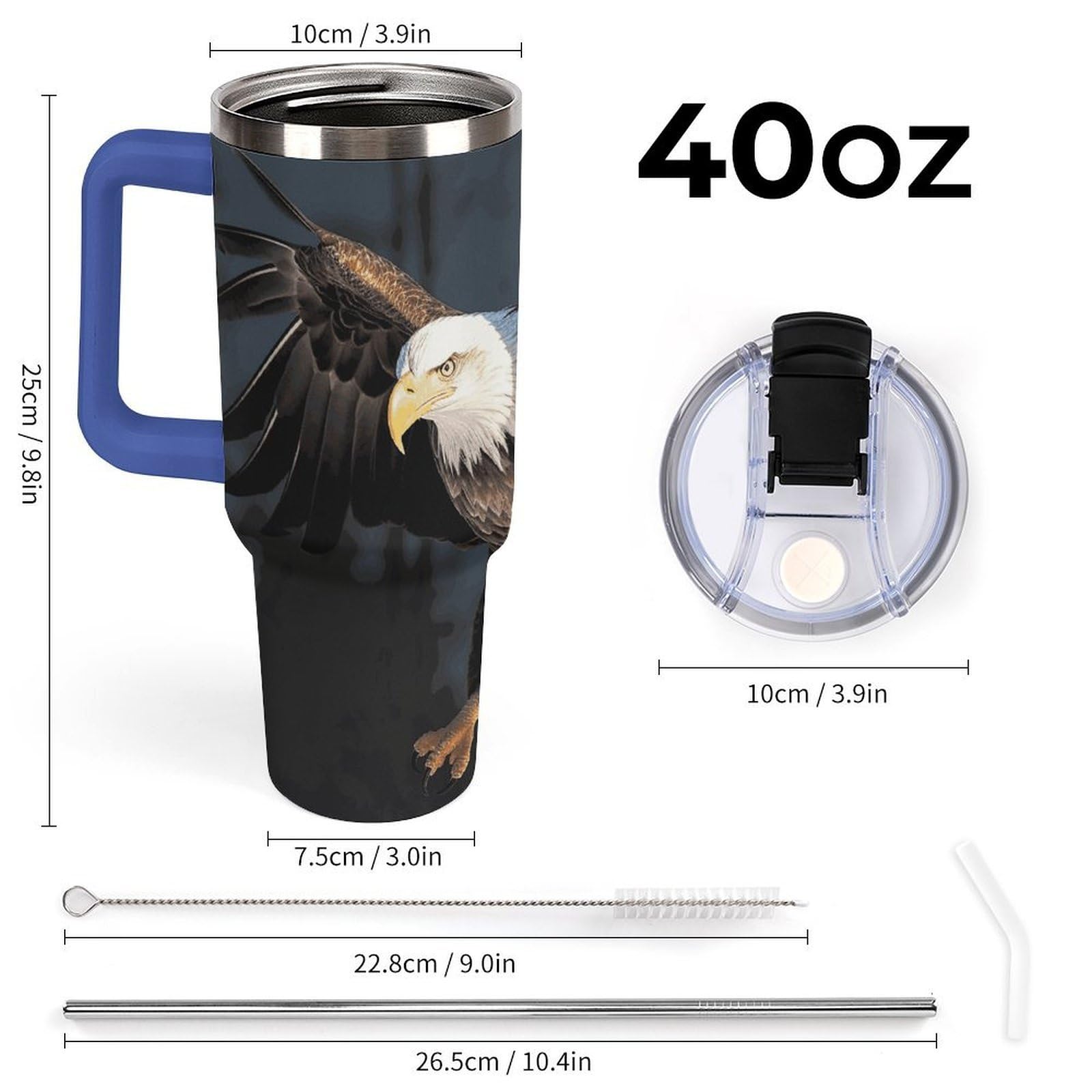 304 Edelstahl-Autobecher, 3D-Glatzenadler, Becher mit Strohhalm und auslaufsicherem Deckel, großes Fassungsvermögen, vakuumisolierter Reisebecher für Auto-Becherhalter, 1,2 l