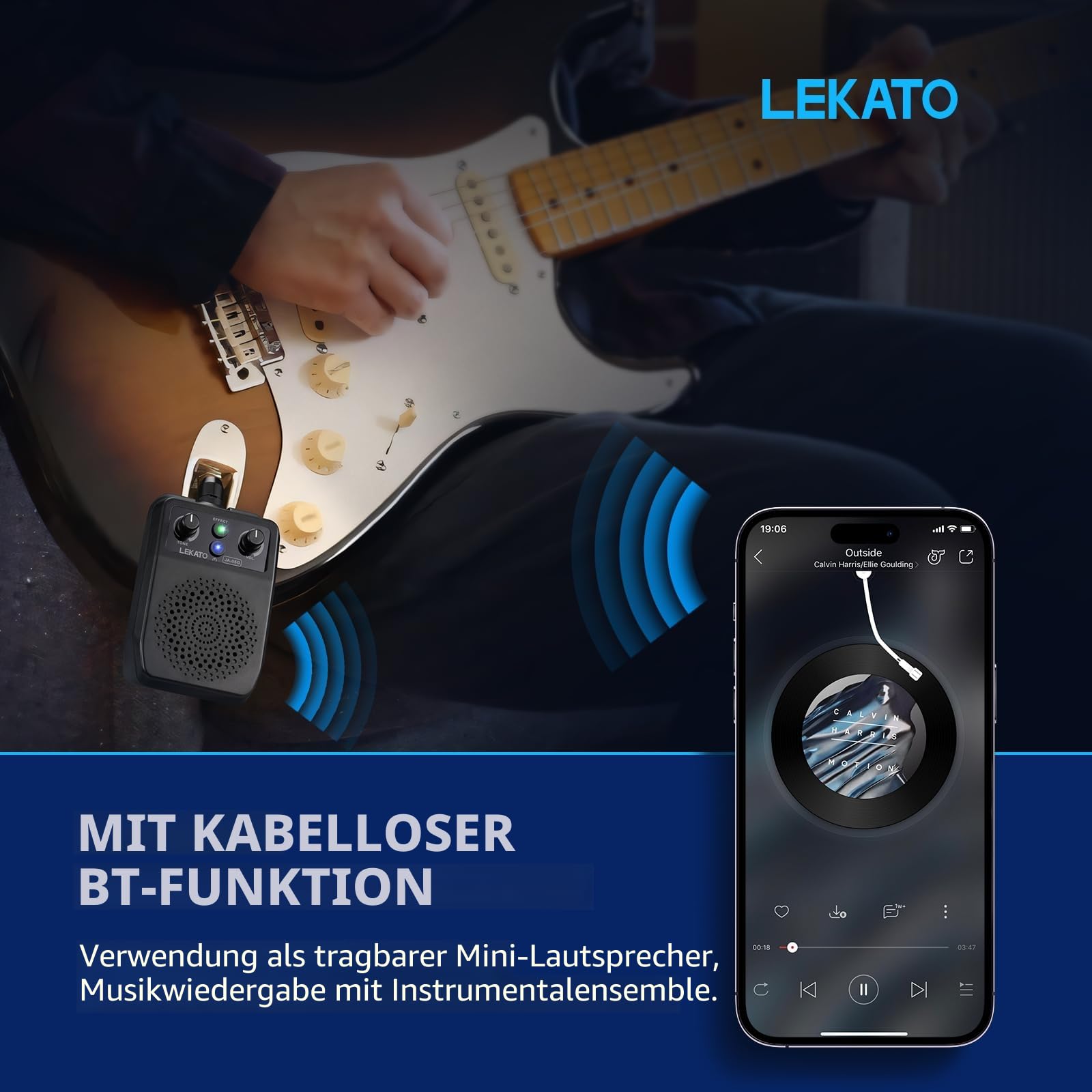 LEKATO Mini Gitarrenverstärker 5W, Tragbarer Gitarre Verstärker, Wiederaufladbarer Taschen-Verstärker mit Bluetooth, Plug-in Amp Combo mit Multieffekte Clean Overdrive Distortion Reverb für E-Gitarren